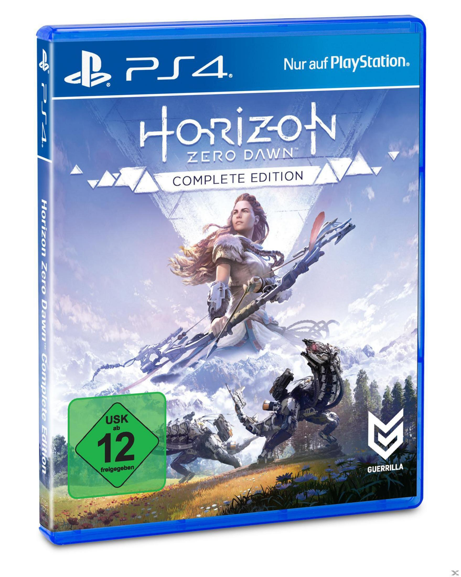 Copertina del gioco PS4 per Horizon Zero Dawn, raffigurante una donna con arco e creature robotiche.