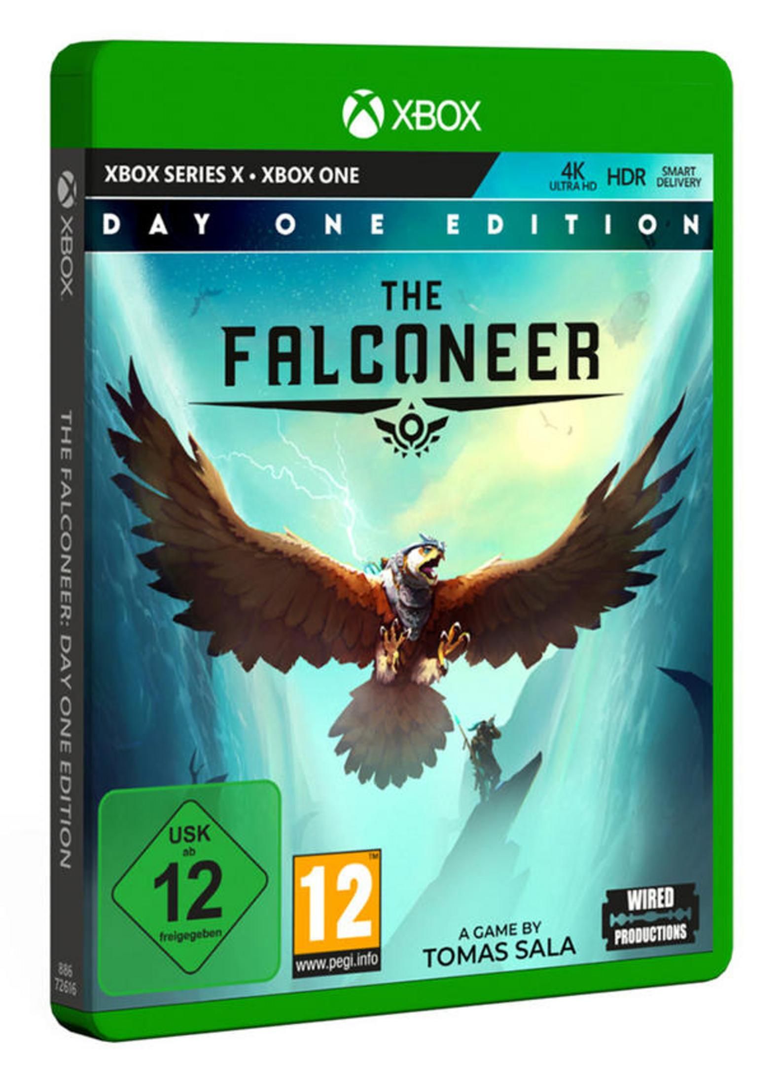 Spielbox für The Falconeer: Day One Edition. Zeigt einen Adler und einen fantastischen Hintergrund.