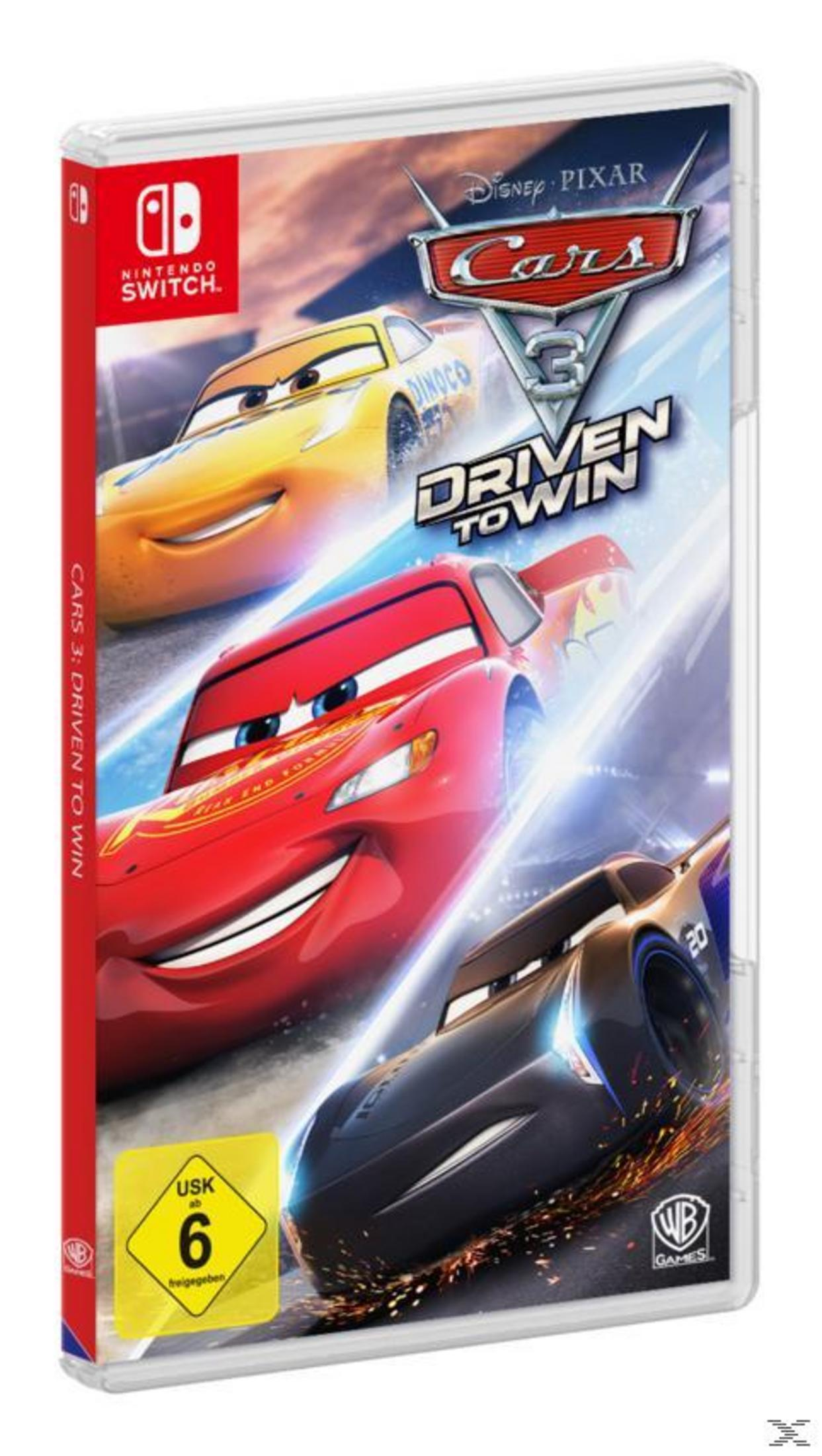 Nintendo Switch-Spielbox, Cars 3: Driven to Win, mit animierten Autos.