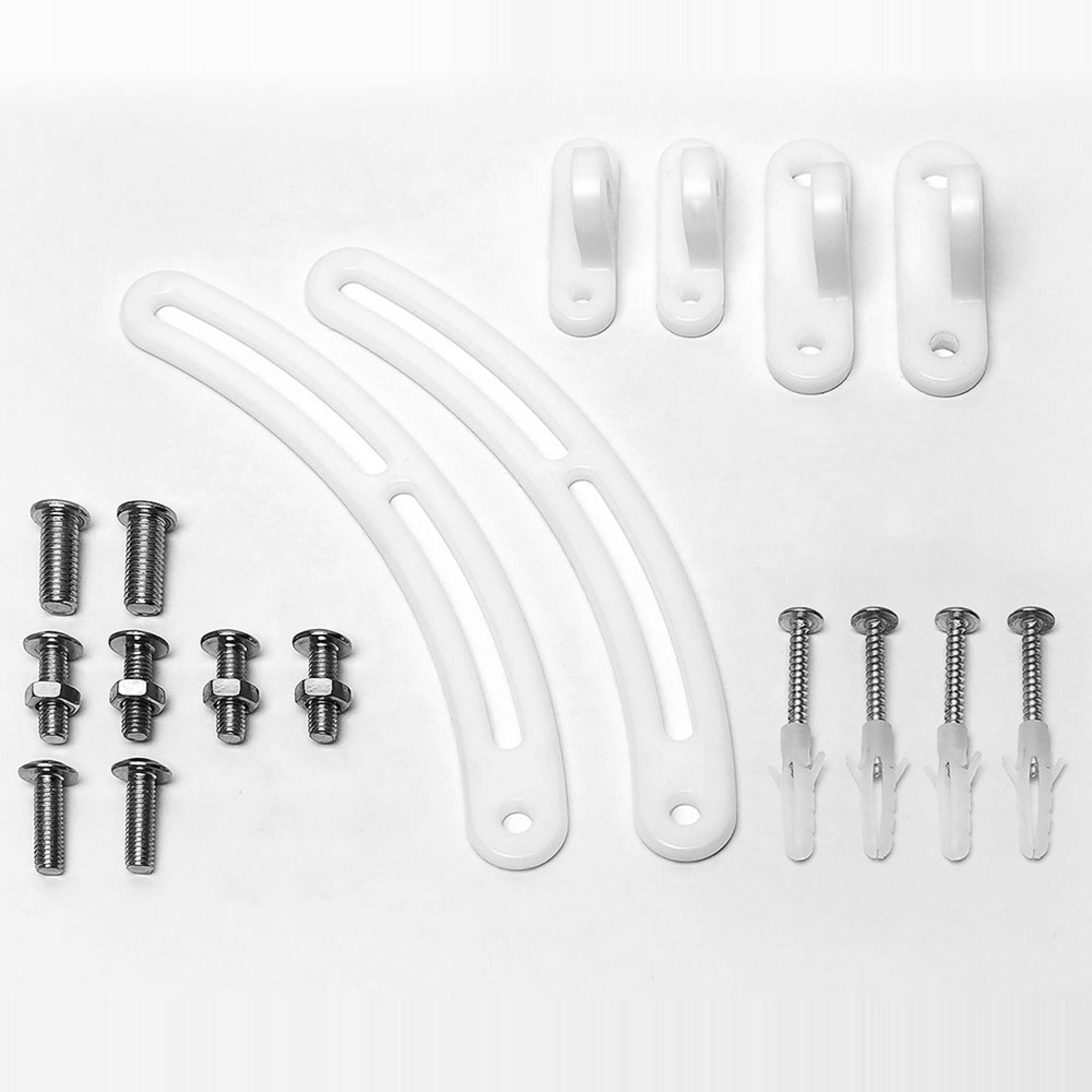 Sortiment an Hardwarekomponenten: Schrauben, Halterungen und Haken, alles in Weiß auf weißem Hintergrund.