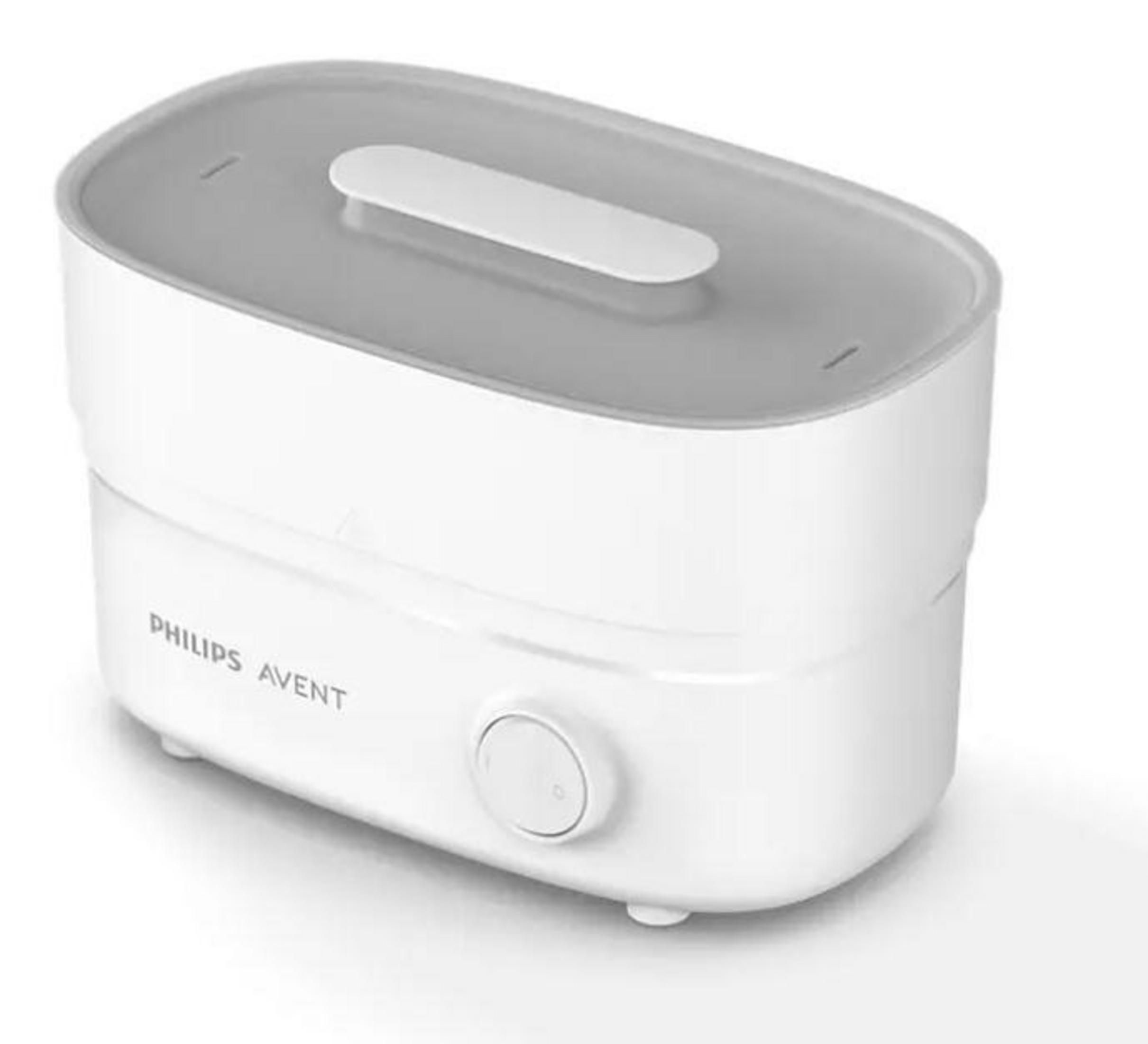 Esterilizador Philips Avent blanco con tapa gris. Es un aparato de dos niveles.