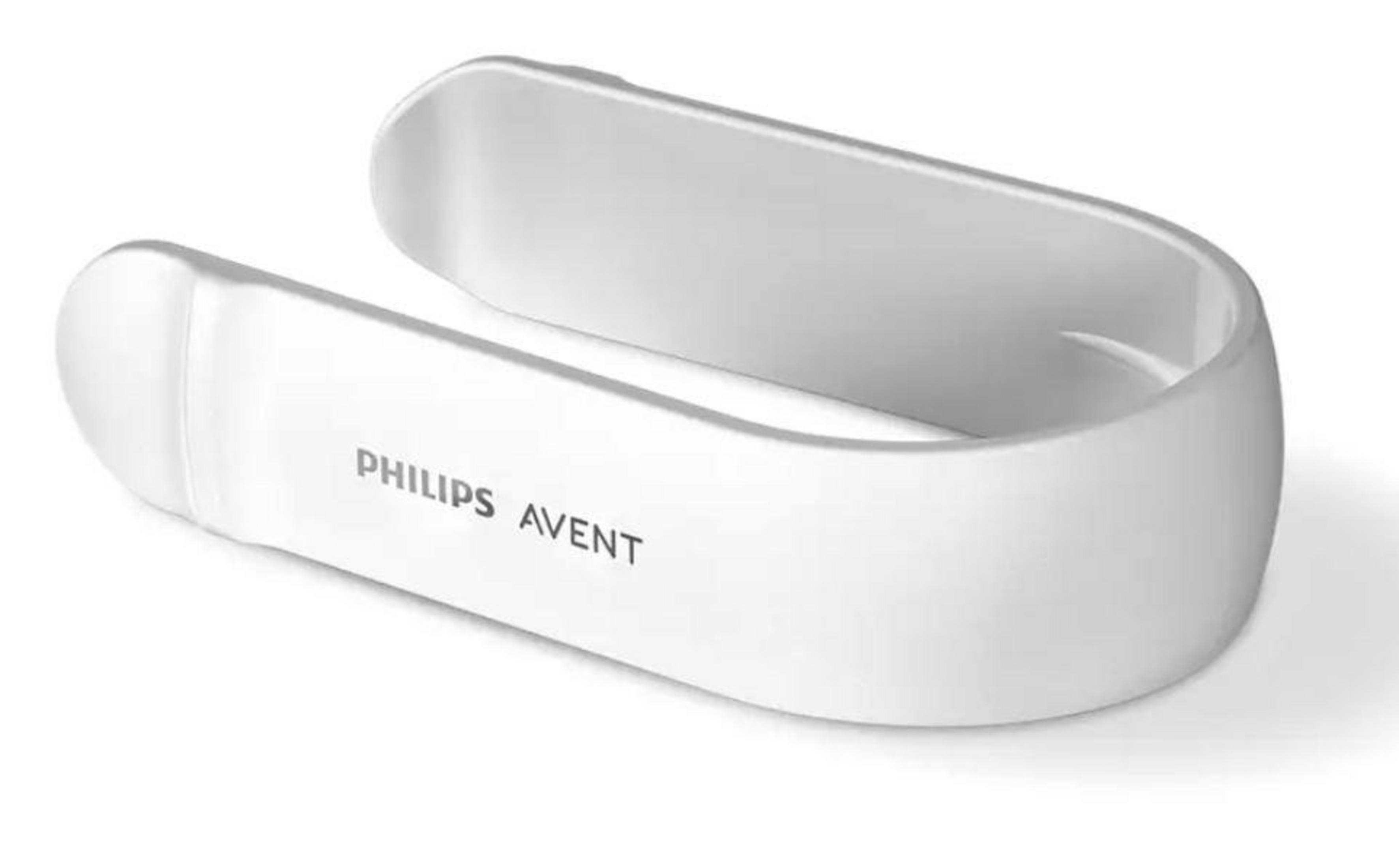 Una parte blanca de una botella Philips AVENT, una pieza de plástico en forma de U con el logotipo de la marca.