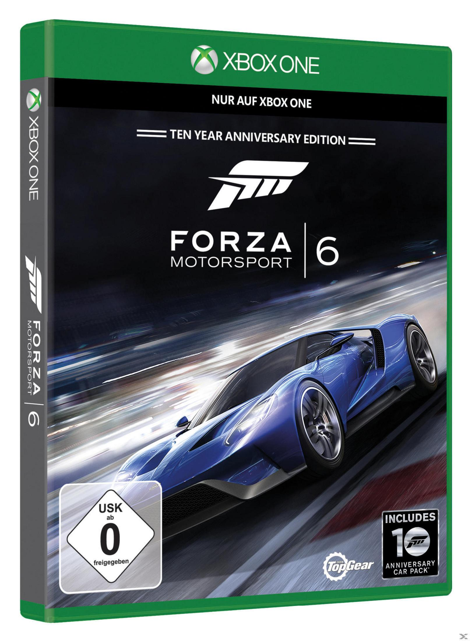 Forza Motorsport 6 Spielbox. Das Cover zeigt ein blaues Auto auf einer Rennstrecke. Xbox One-Logo oben.