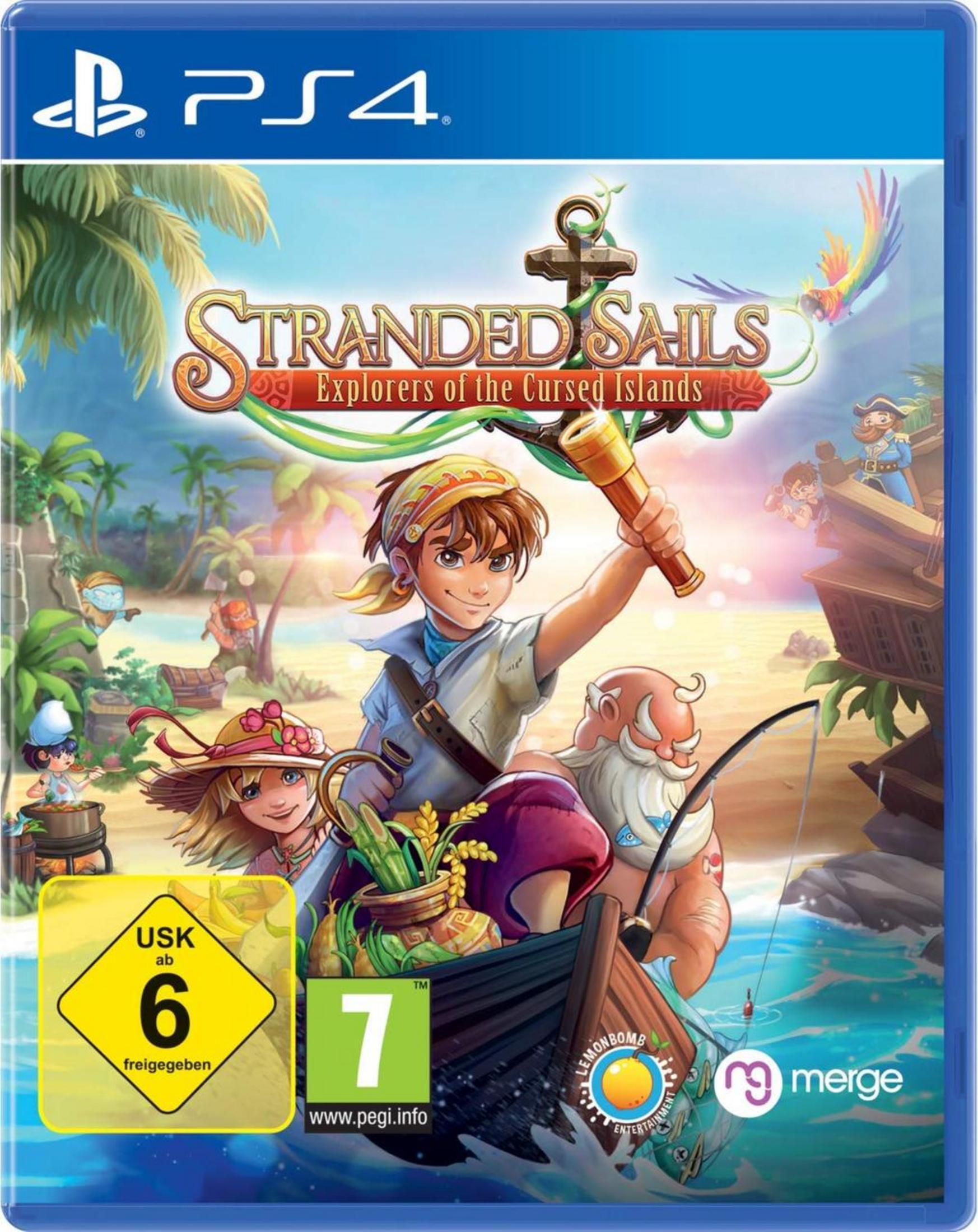 Copertina del gioco: Stranded Sails. Un ragazzo tiene un telescopio su una barca con altri personaggi.