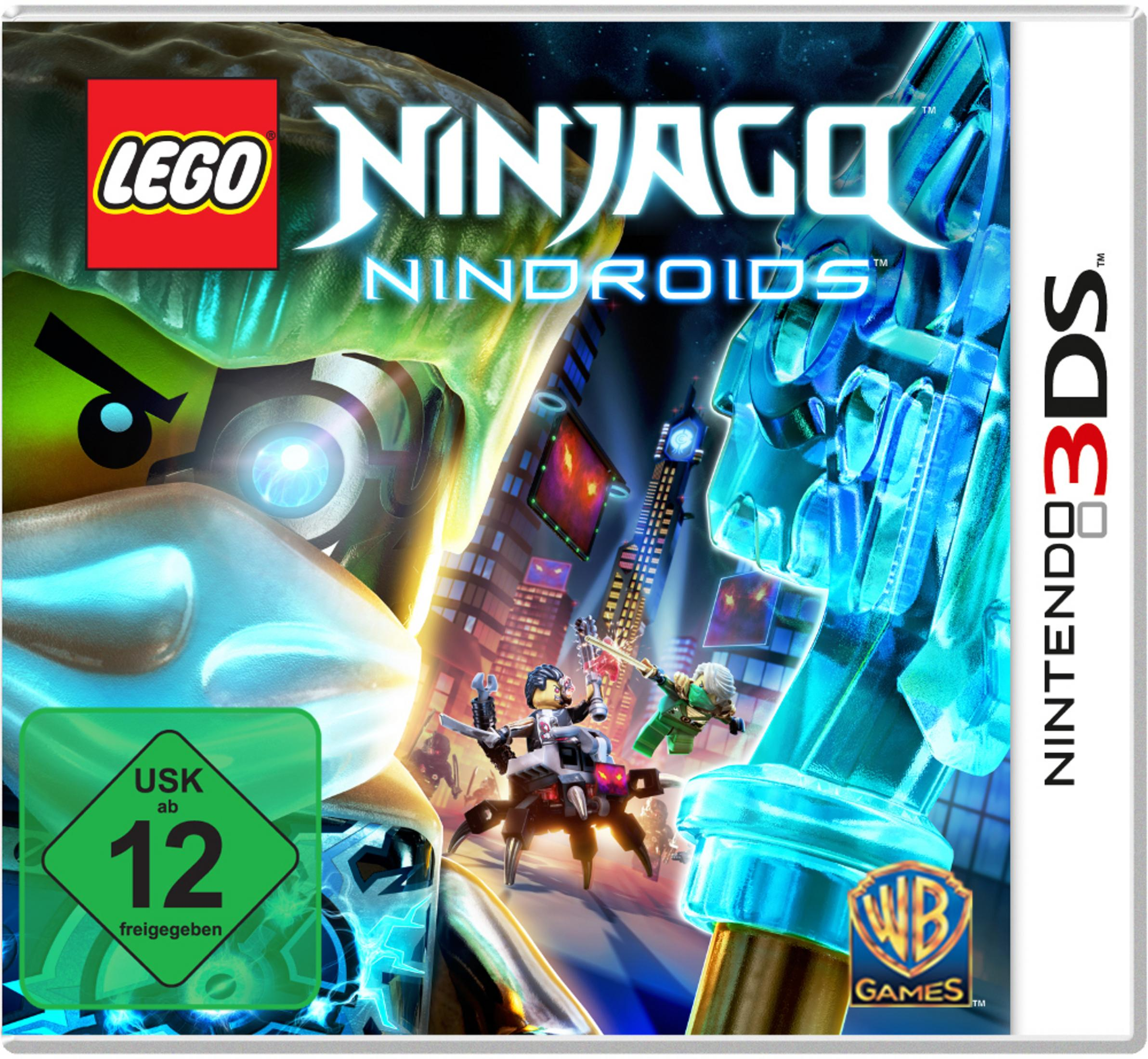 Spielbox für LEGO Ninjago Nindroids. Es zeigt Charaktere und einen Roboter. Der Hintergrund ist blau und grün.