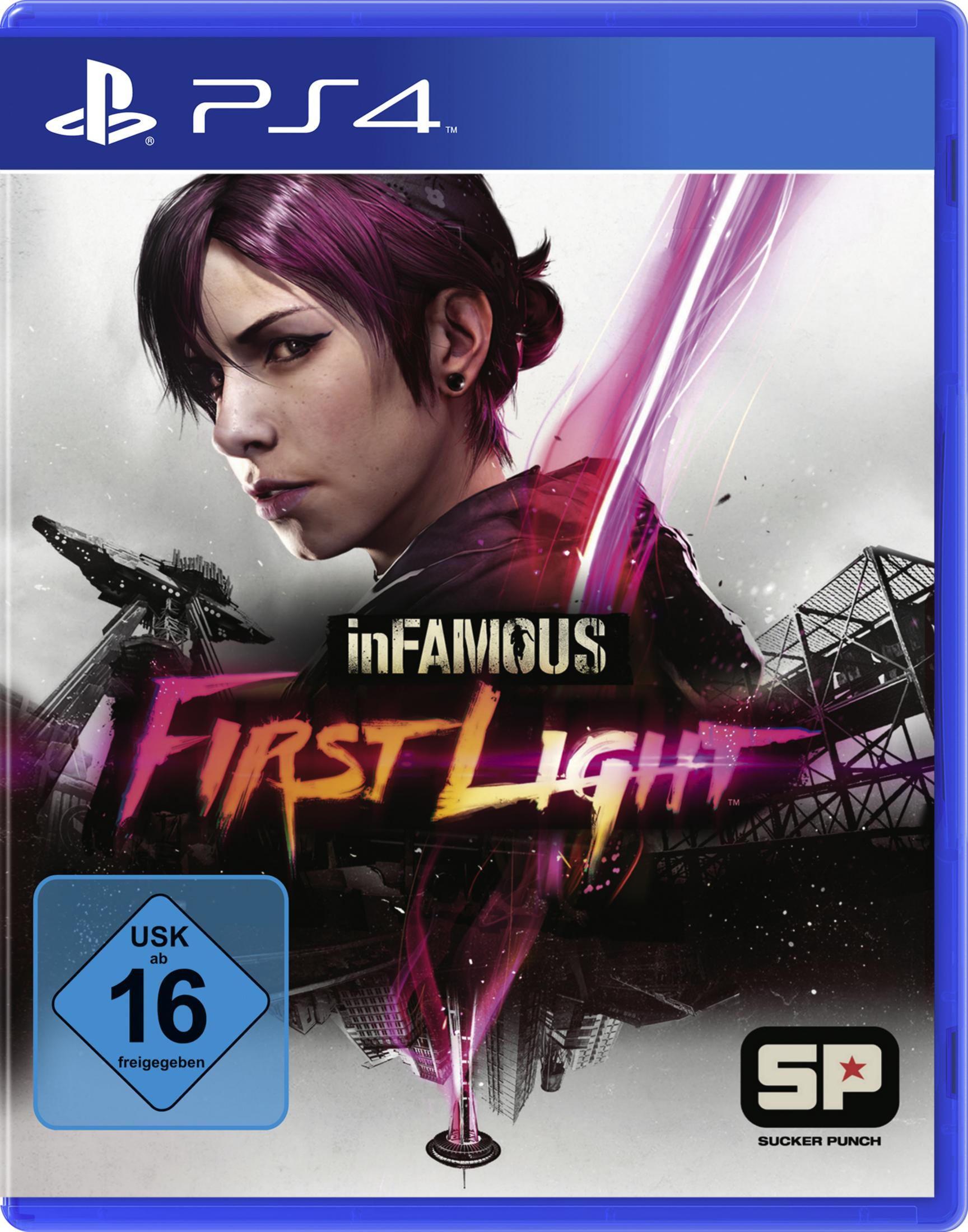 Spielcover mit Frau, Titel: Infamous First Light. Enthält PS4-Logo und Bewertung.