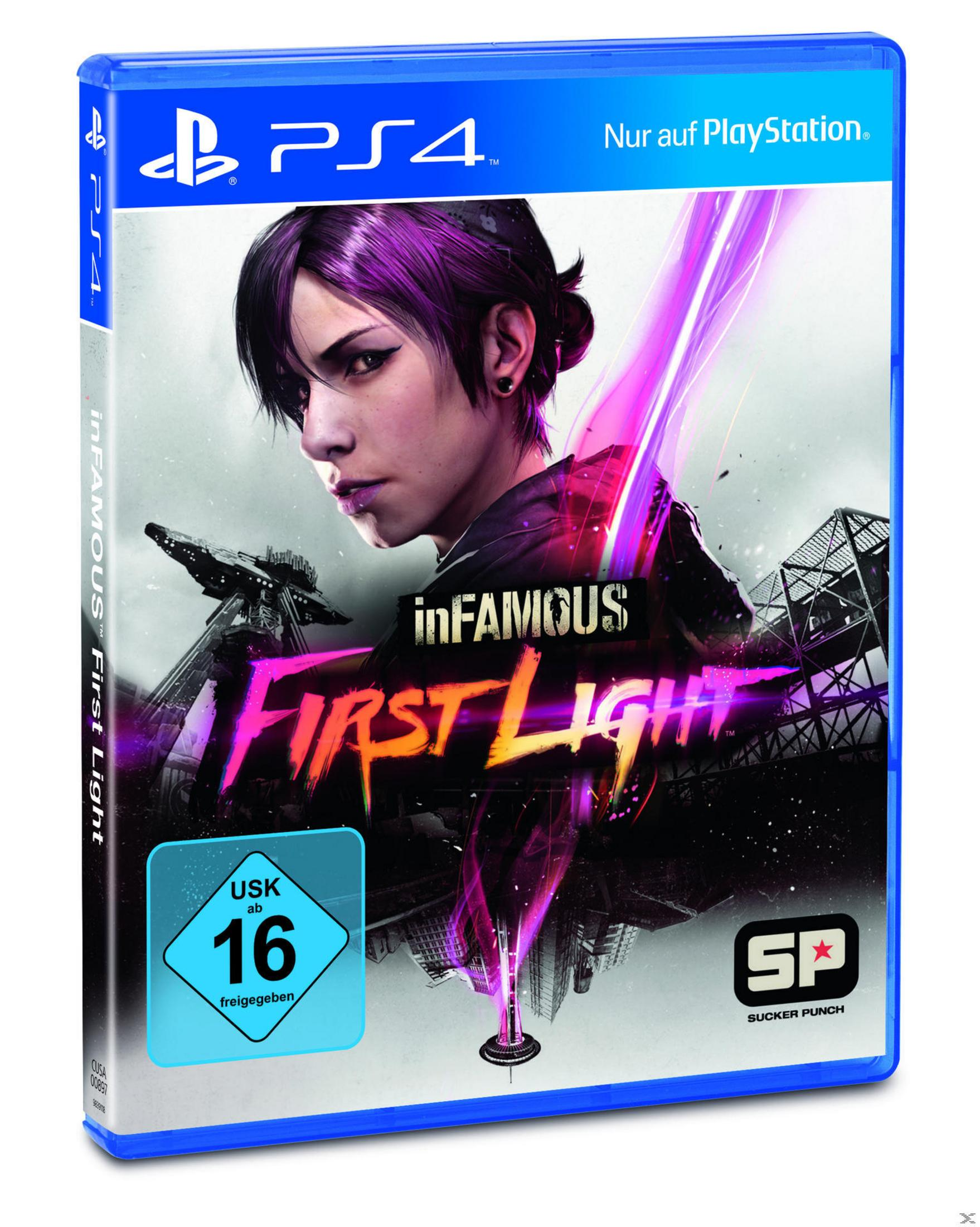 Infamous: First Light-Spielcover mit einer Frau und Neonlichtern.