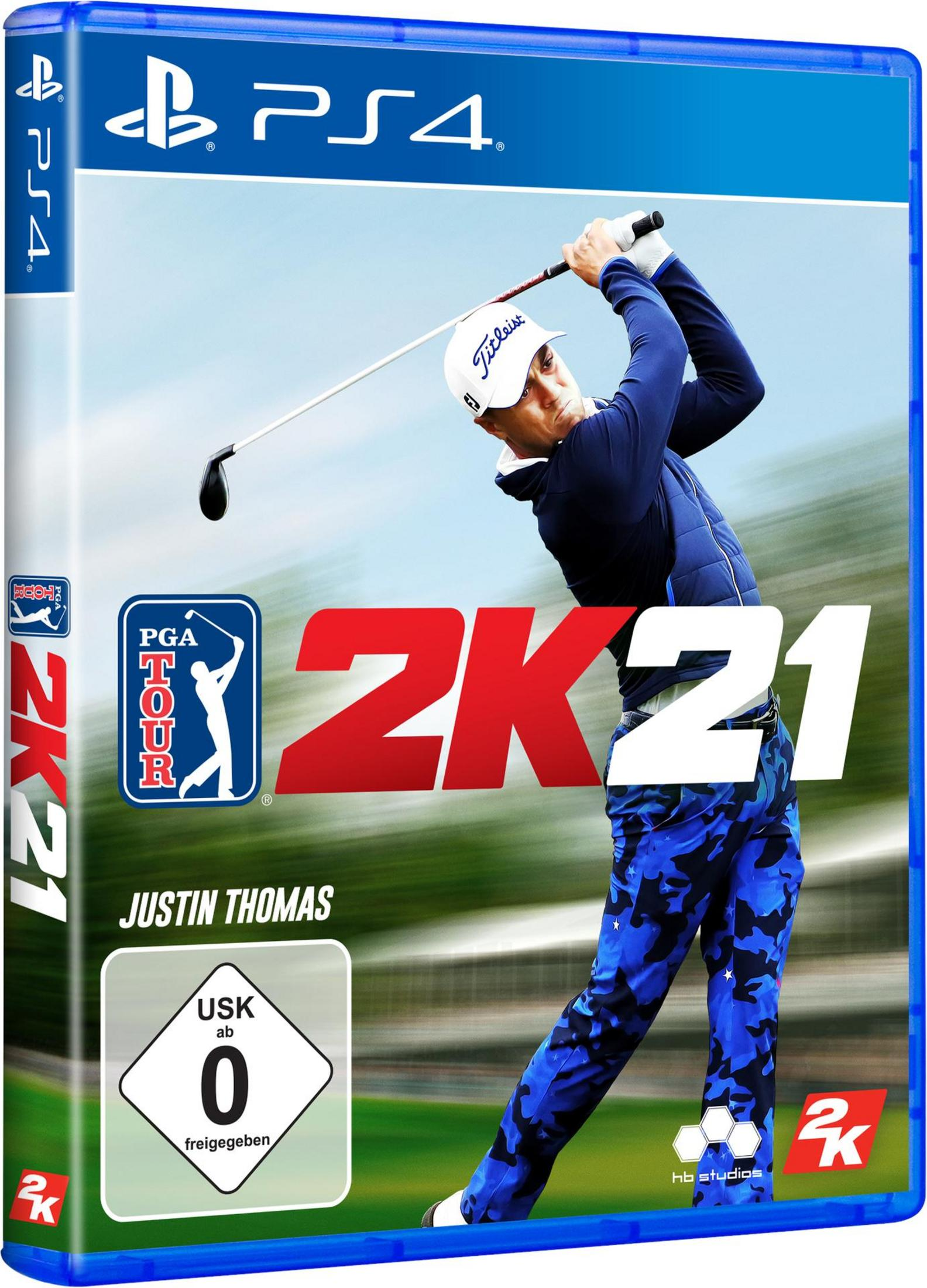 Spielverpackung: PGA Tour 2K21. Ein Golfer schwingt einen Schläger. Box zeigt Justin Thomas.