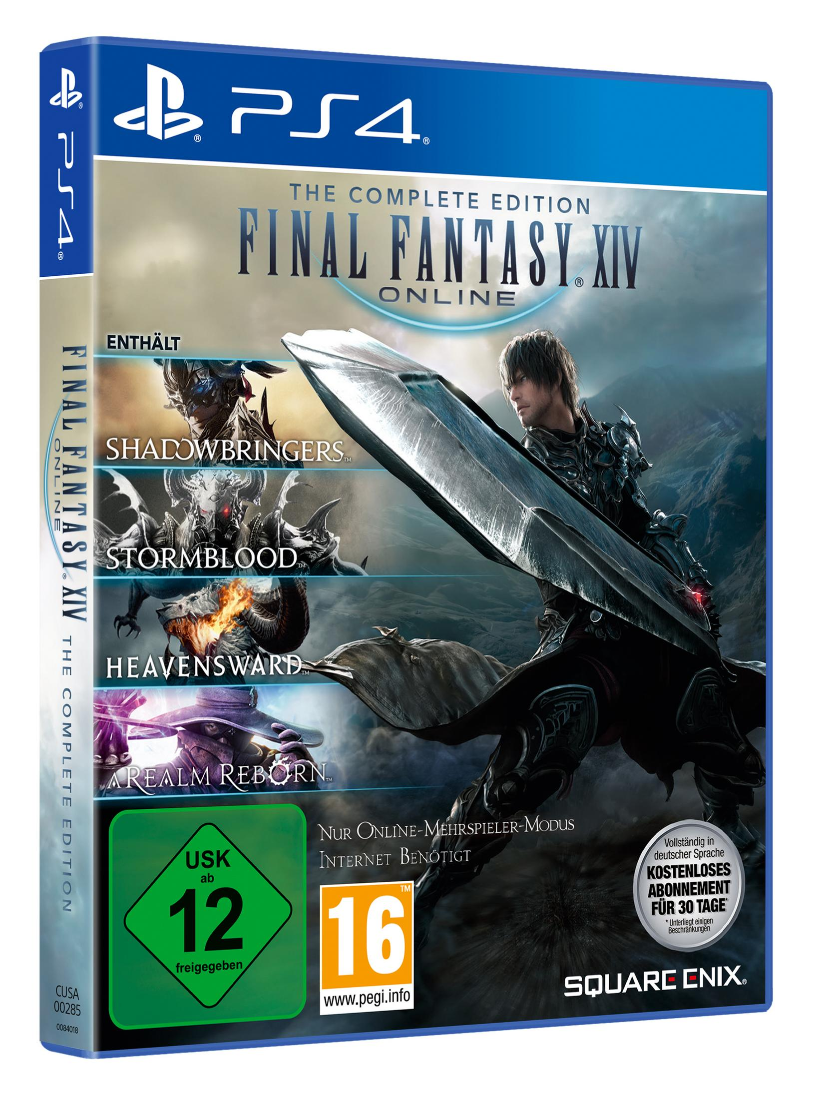 PS4-Spielhülle. Titel: Final Fantasy XIV. Eine Figur mit einem Schwert vor einem verschwommenen Hintergrund.