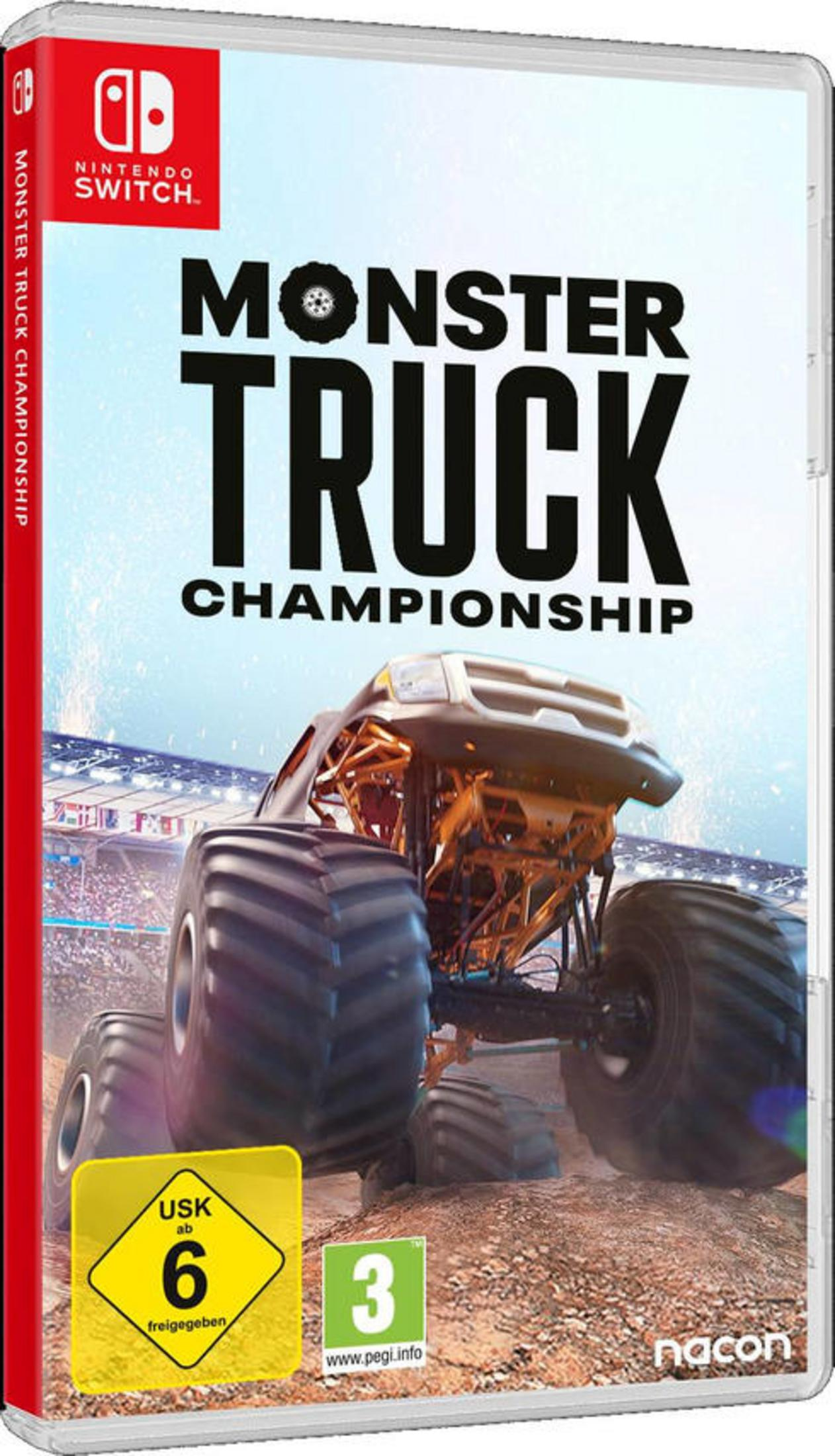 Monster Truck Championship-Spielbox. Ein Monstertruck springt. Das Spiellogo ist prominent.