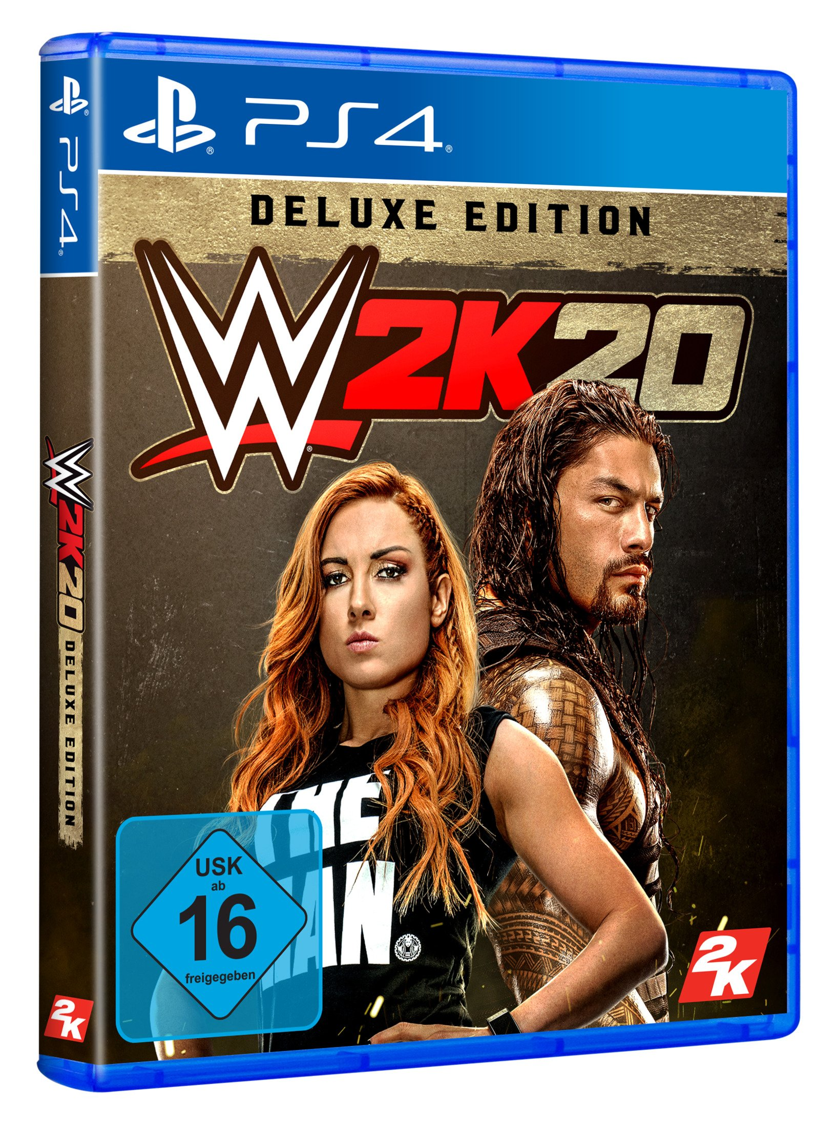 PS4-Spielbox: 'WWE 2K20 Deluxe Edition', mit Wrestlern. Bewertung: USK 16.