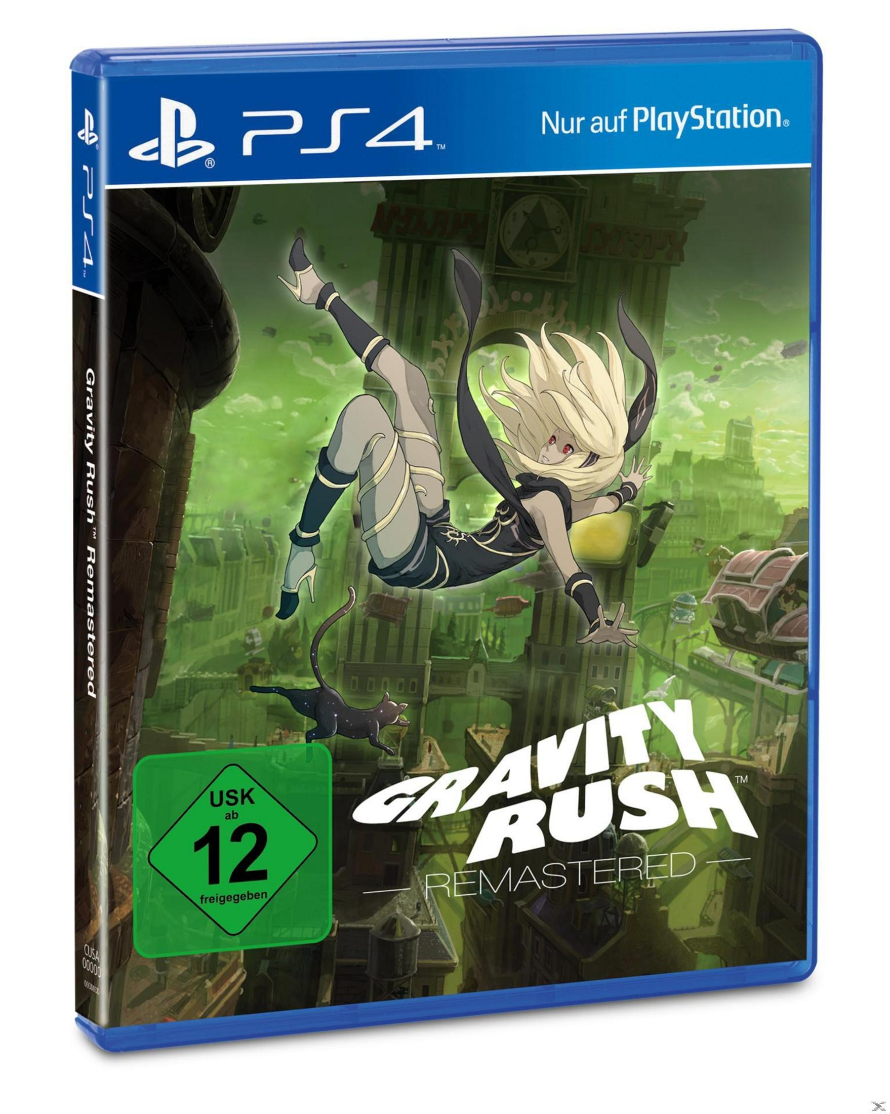 Gravity Rush Remastered Spielcover. Eine Frau in einem Umhang fällt in einer Stadtlandschaft.