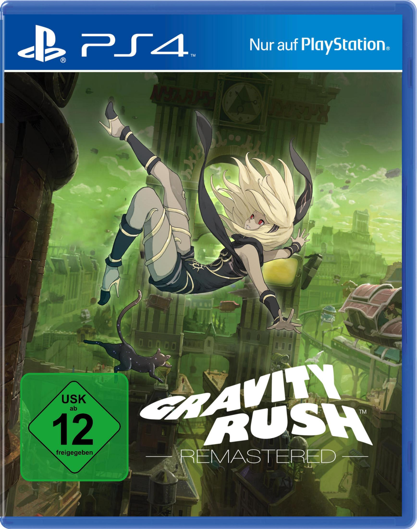 Spielcover von 'Gravity Rush Remastered' für PS4, mit einem Mädchen, das in einer Stadt schwebt.