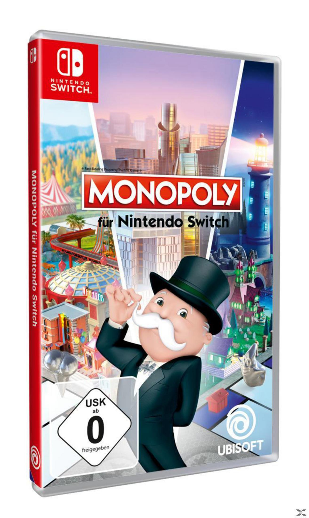 Monopoly Spielbox für Nintendo Switch, mit dem Monopoly-Mann und einer Stadtszene.