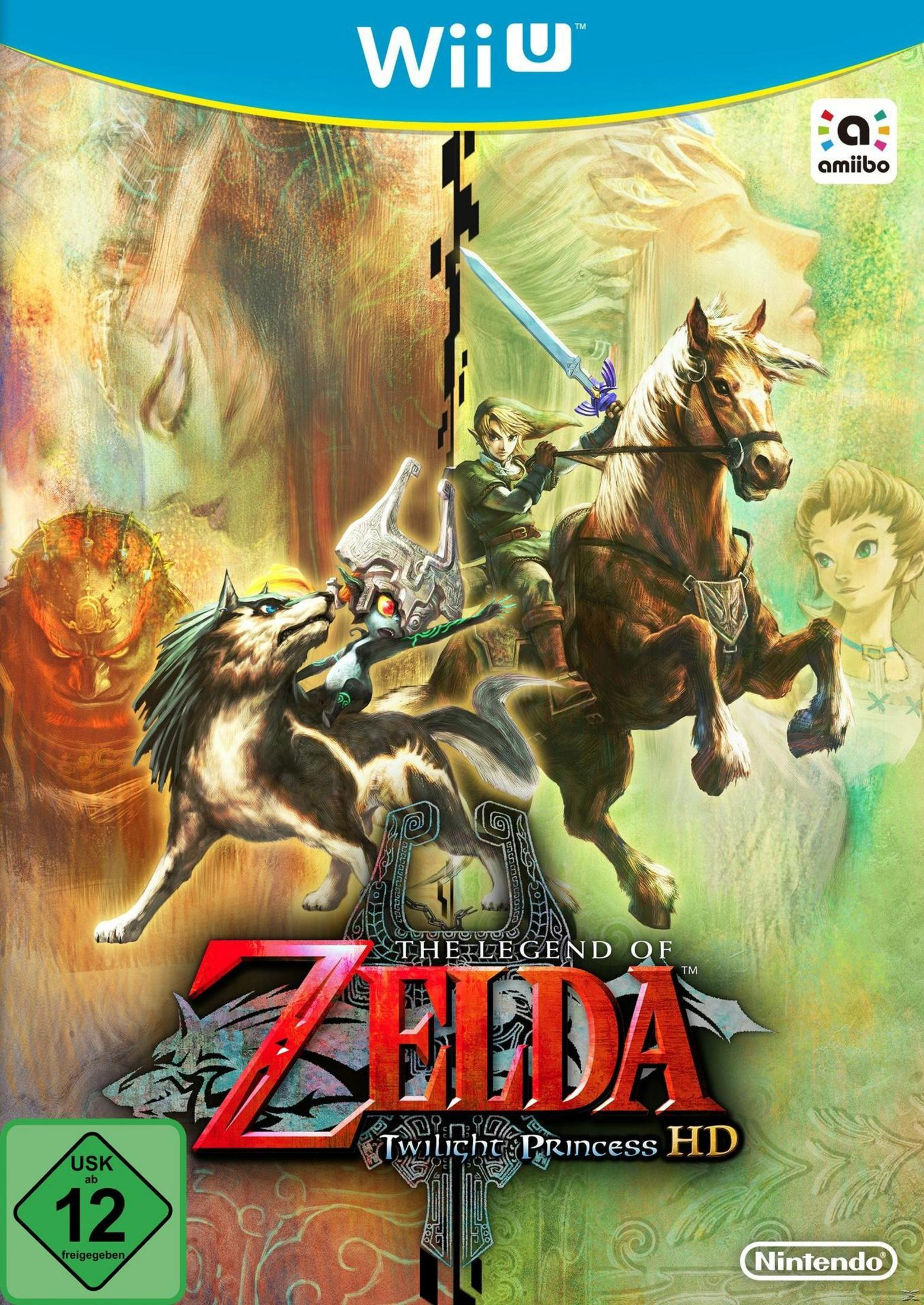 Wii U Spielbox. Titel: The Legend of Zelda Twilight Princess HD. Link auf Pferd kämpfend.