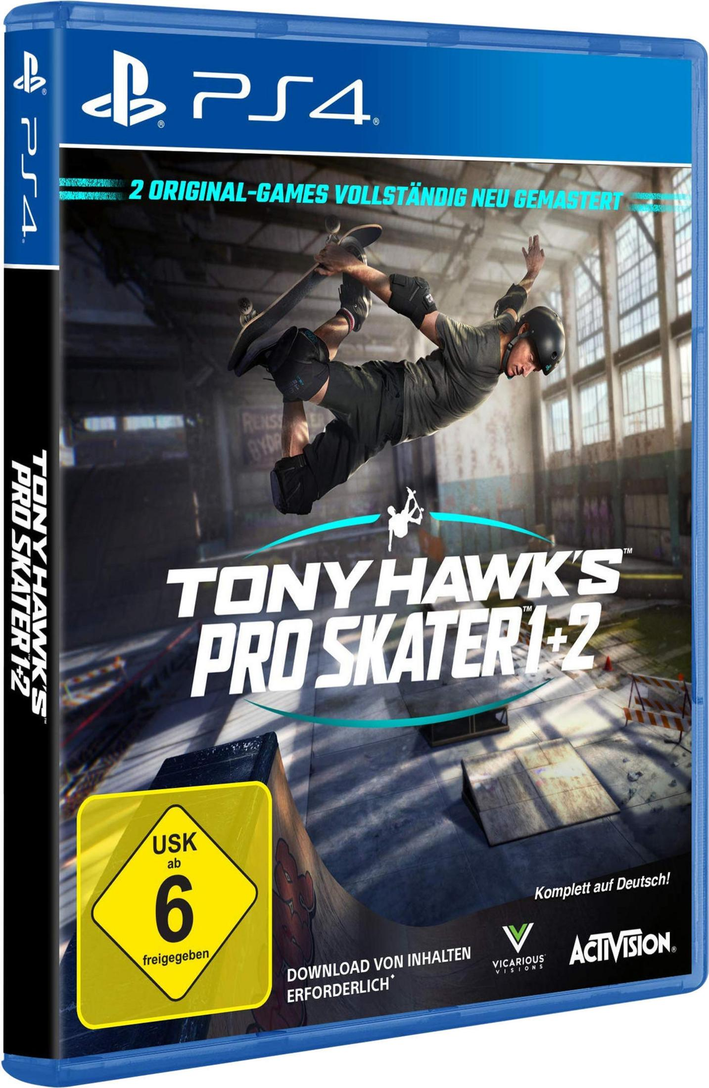 Pudełko gry PS4 'Tony Hawk's Pro Skater 1+2'. Skateboardzista w powietrzu. Skatepark w tle.