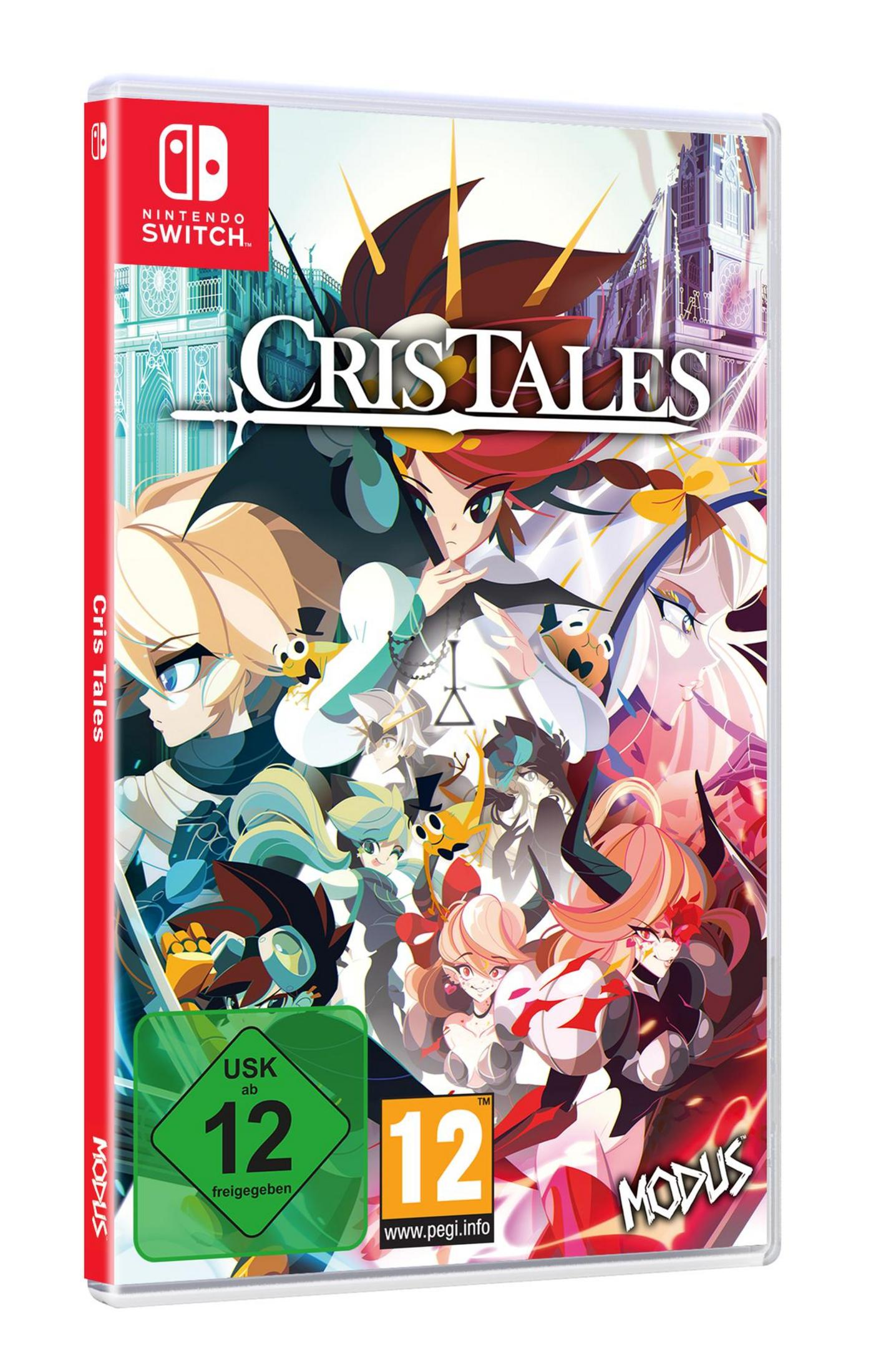 Spielverpackung für Nintendo Switch, "Cristales", mit Charakterkunst. Roter Rücken, ab 12 Jahren.