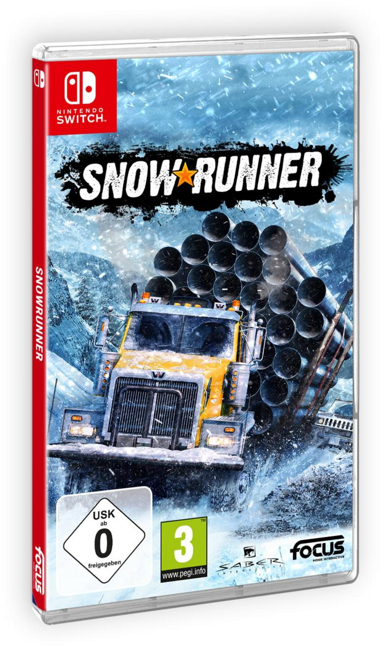 Spielbox-Art für SnowRunner, ein LKW-Fahrsimulationsspiel, mit einem gelben LKW auf einer schneebedeckten Straße.