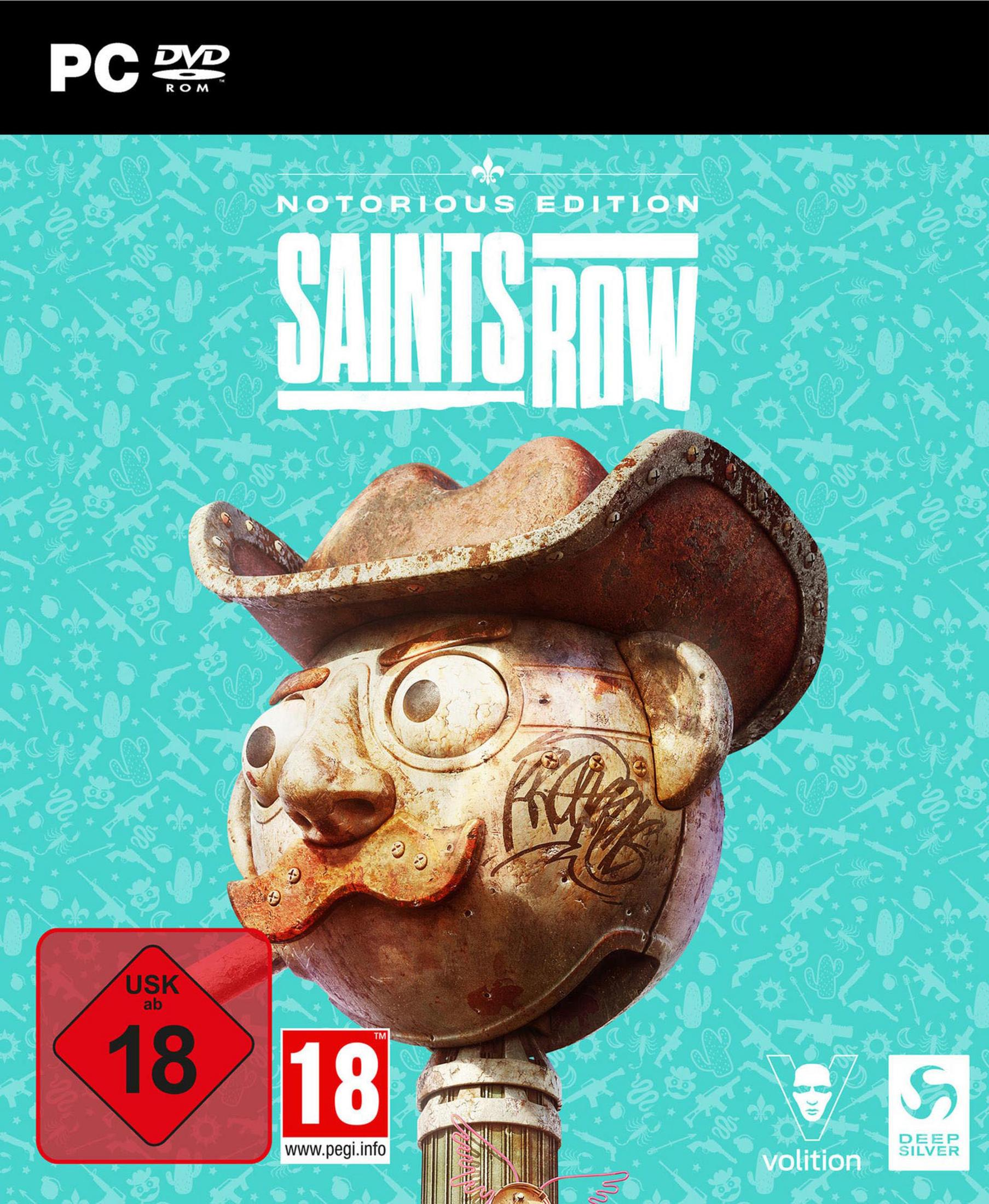 Saints Row Notorious Edition Spielcover mit Roboter-Cowboy-Kopf, Hintergrund mit Waffen.