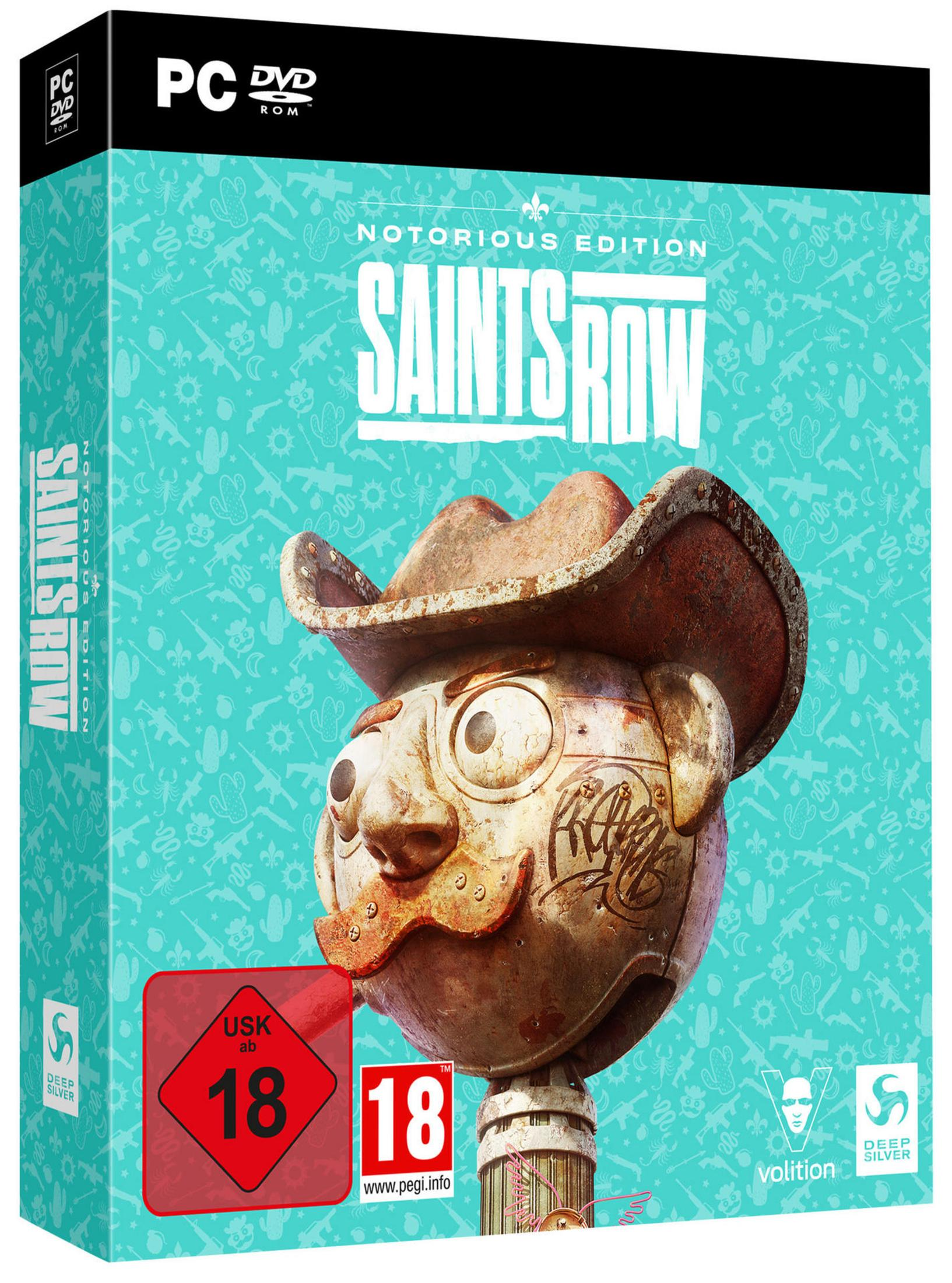 Saints Row Notorious Edition Spielcover mit Roboter-Cowboy-Kopf, Hintergrund mit Waffen.