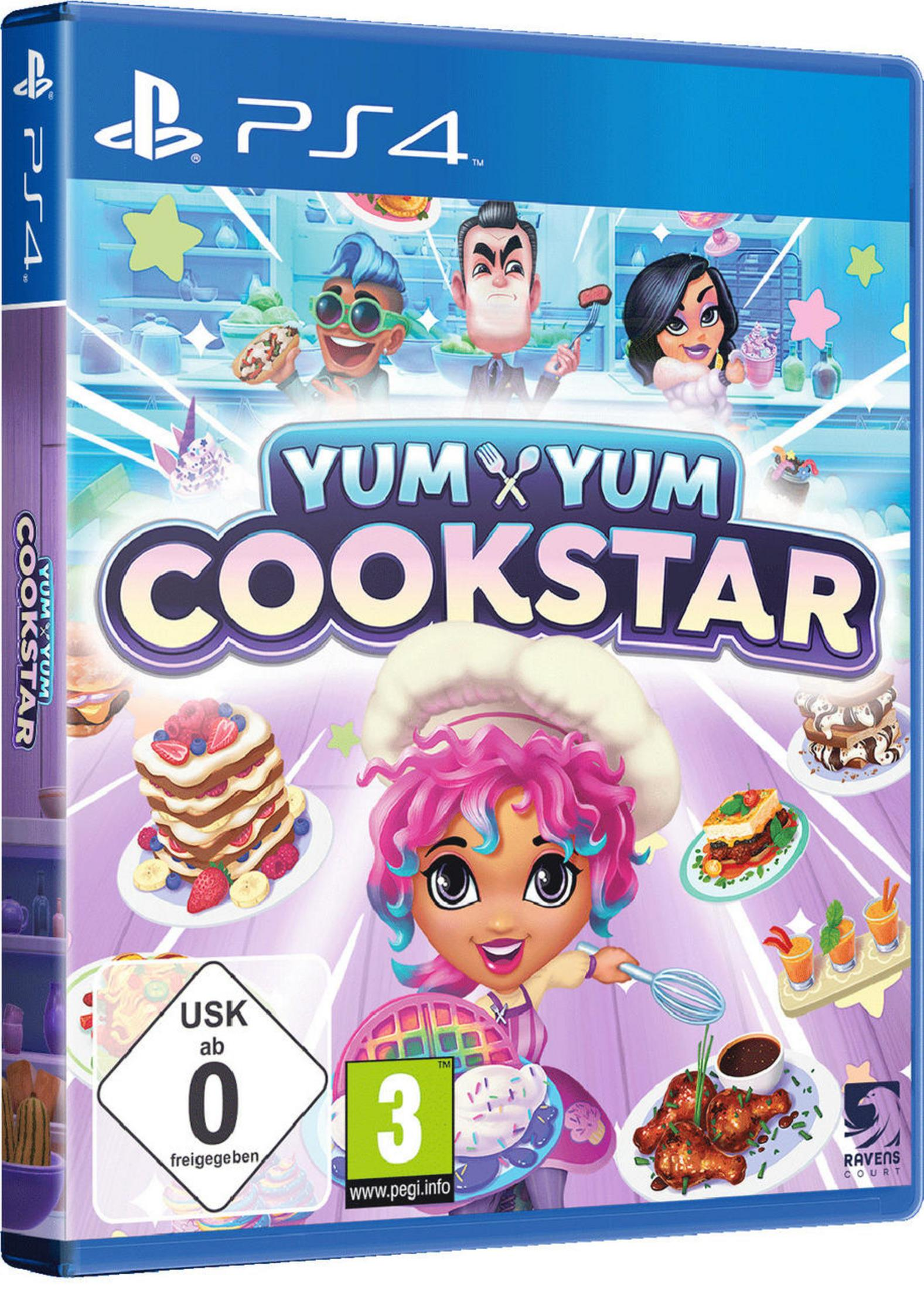 PlayStation 4 Spielbox, Yum Yum Cookstar, mit Koch und verschiedenen Essensillustrationen.