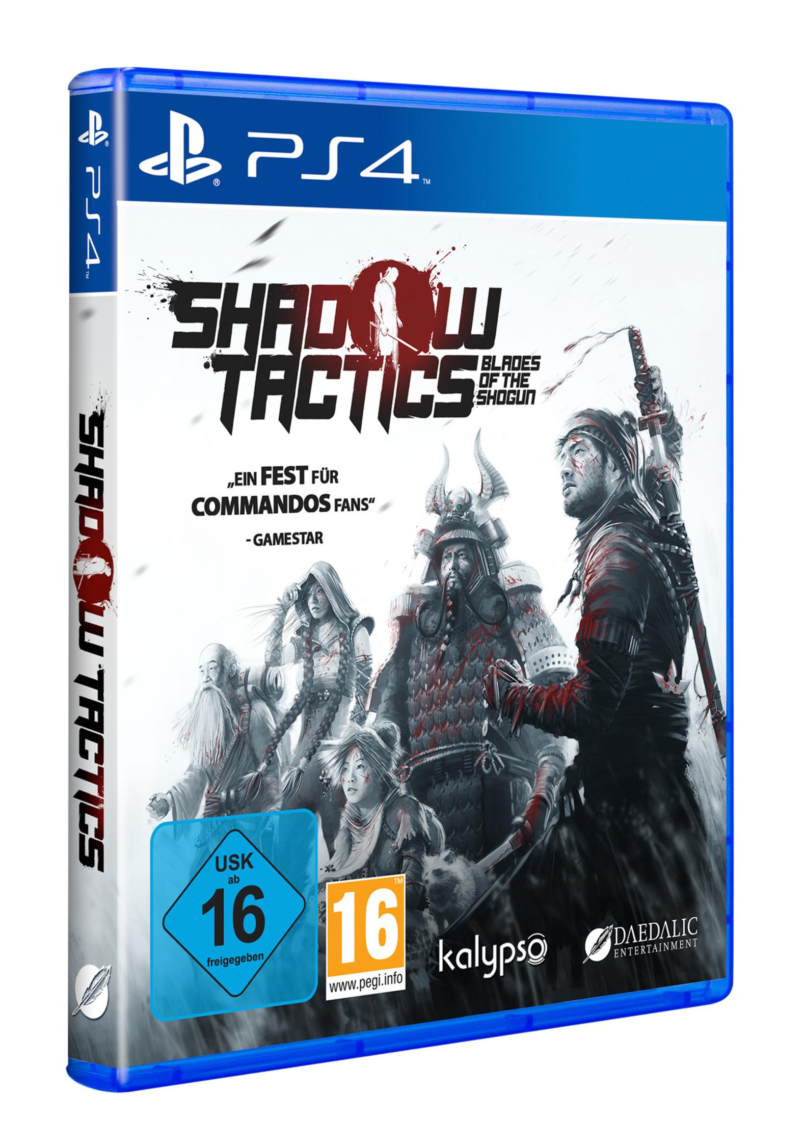 PS4-Spielbox mit dem Titel "Shadow Tactics", mit Charakteren in Samurai-Kleidung. Blaue und schwarze Farben.