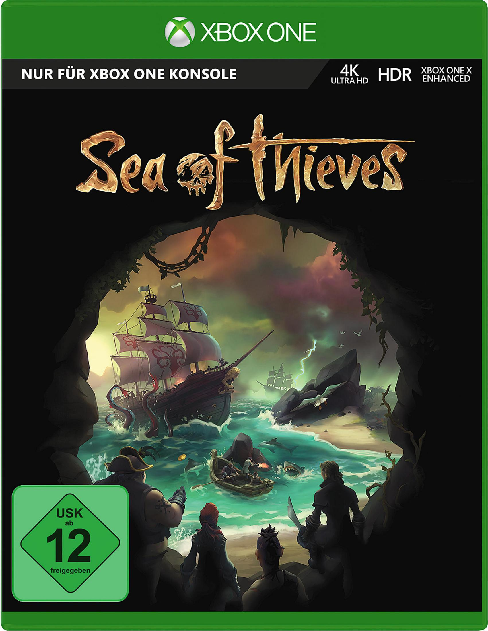 Spielcover für "Sea of Thieves". Ein Piratenschiff segelt durch eine Höhle. Das Spiel-Logo befindet sich oben.