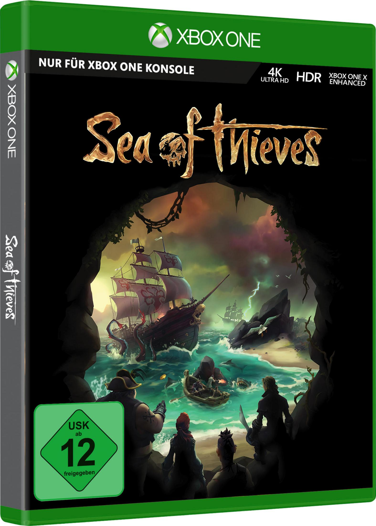 Spielbox, Sea of Thieves. Schiff auf See, Totenkopf-Logo, dunkler Höhleneingang. Xbox One.