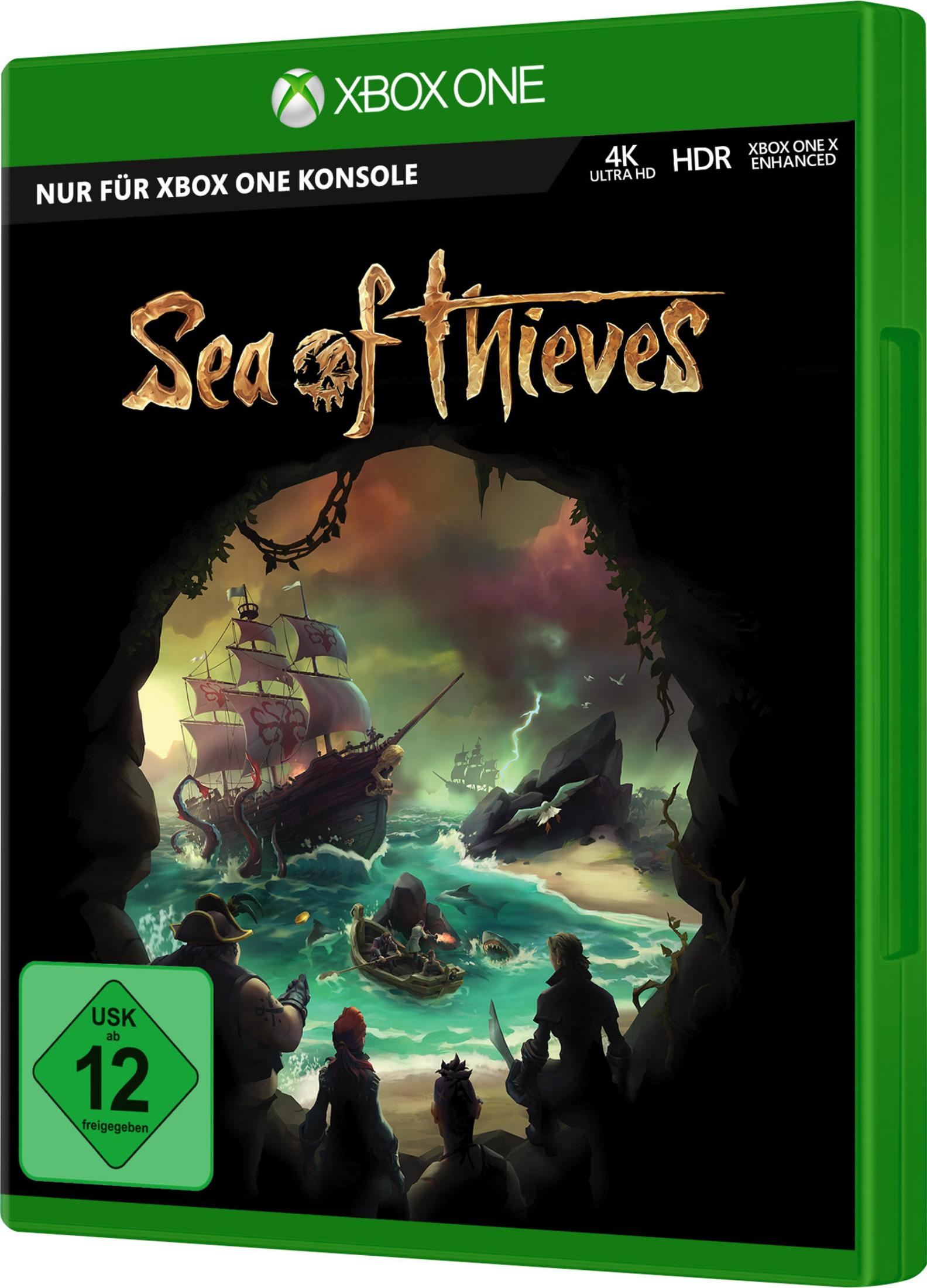 Sea of Thieves Spielbox. Ein Piratenschiff segelt auf stürmischer See, dunkler Höhleneingang.
