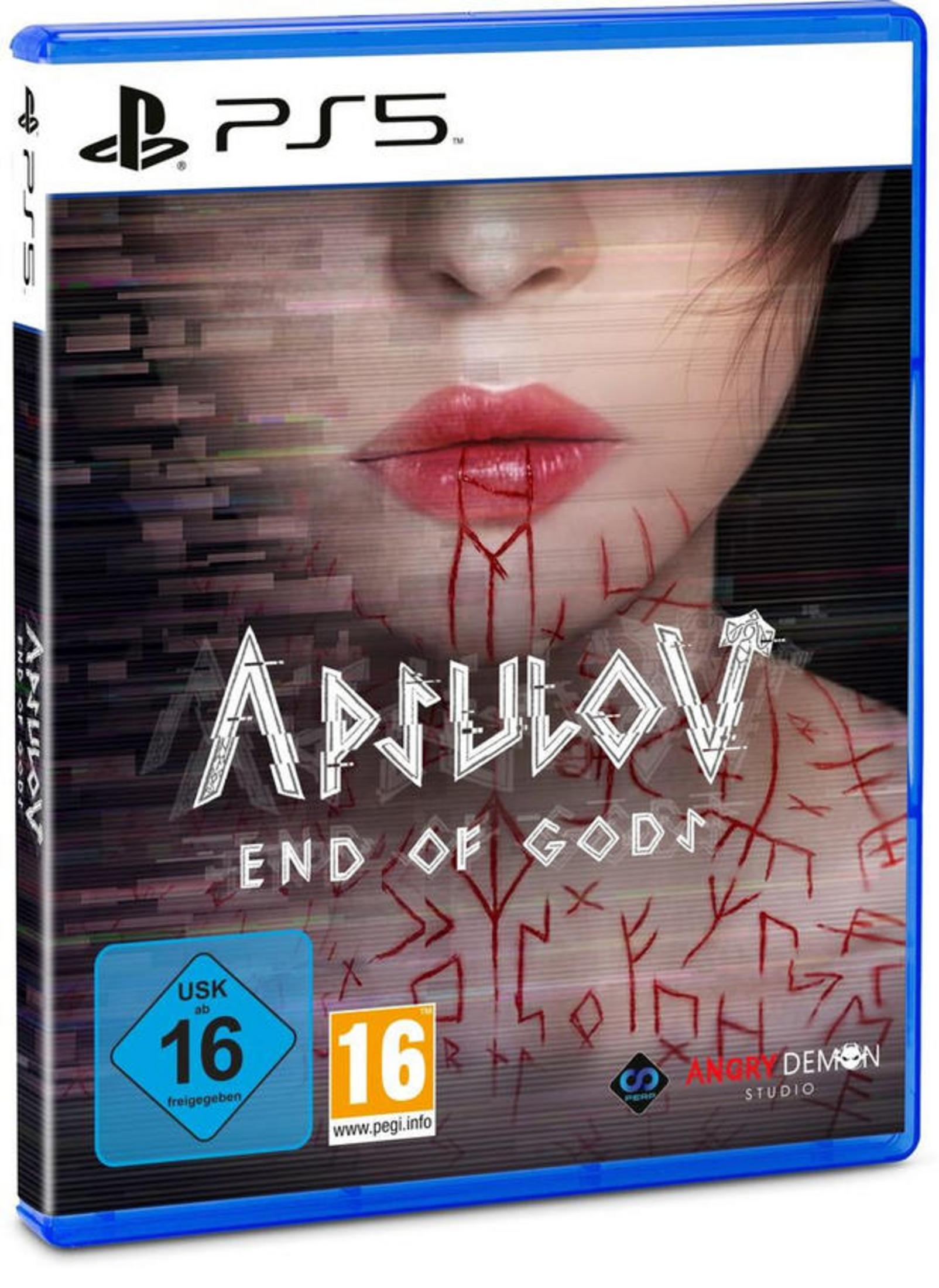 Spielbox für Apruvlov End of Gods, mit einem Gesicht und roten Markierungen. PS5-Logo oben.