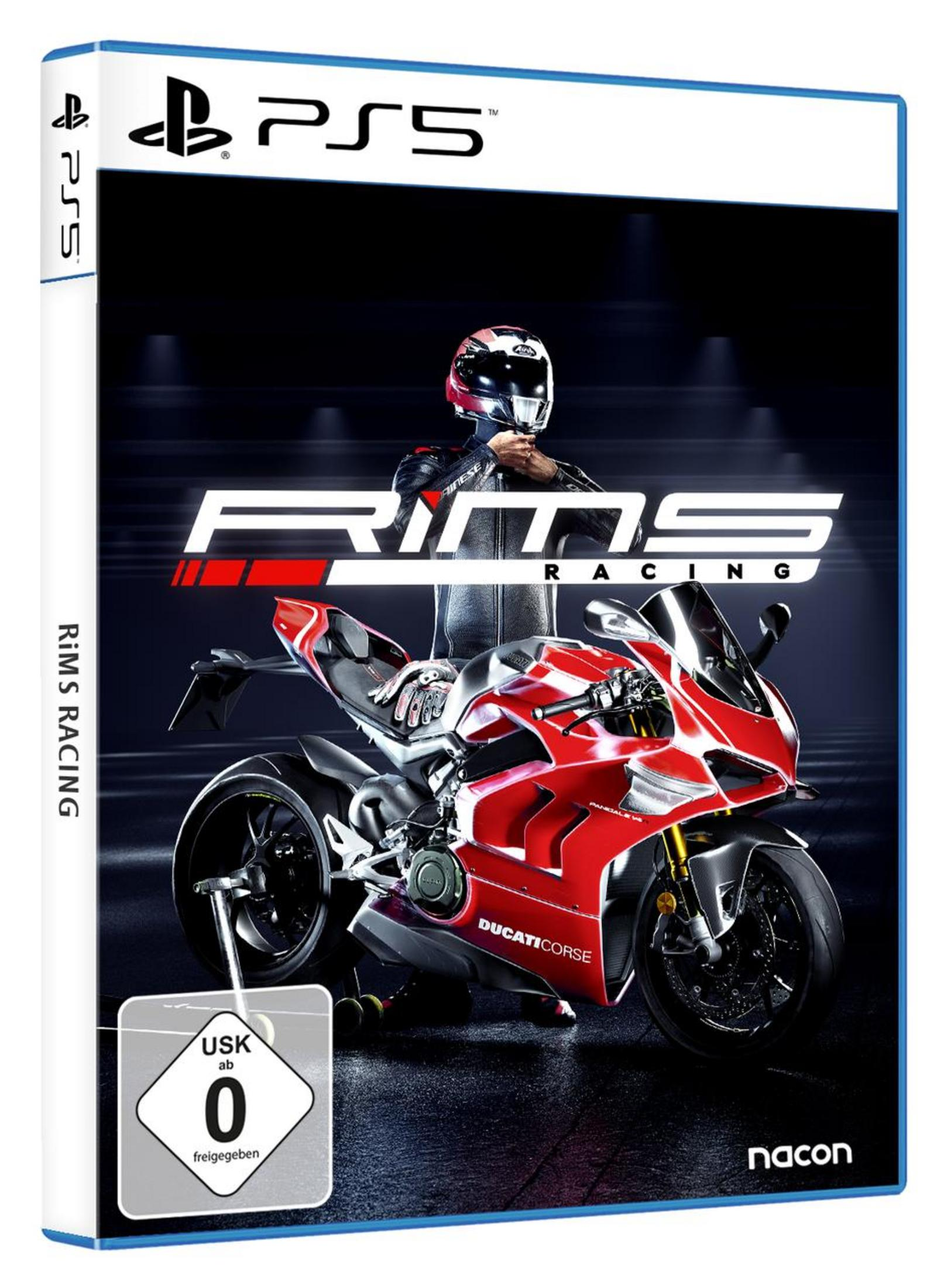 PS5-Spielhülle für "RIMS Racing" mit Motorrad und Fahrer.