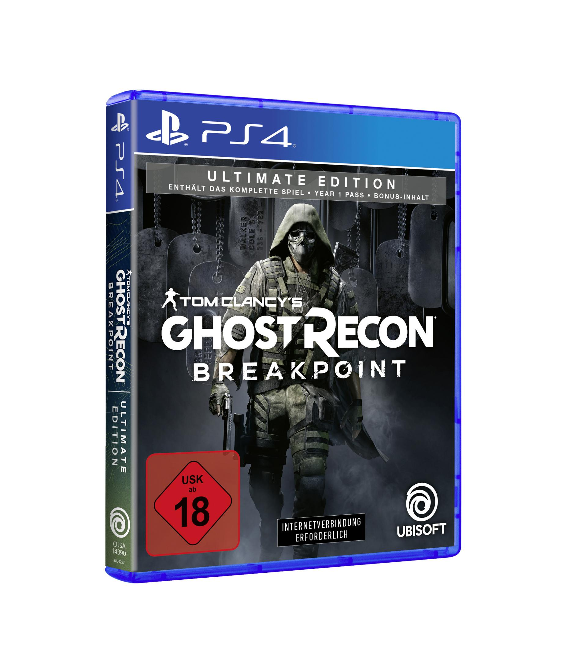 Okładka Tom Clancy's Ghost Recon Breakpoint, żołnierz w kamuflażu. Logo PS4, USK 18, logo Ubisoft.