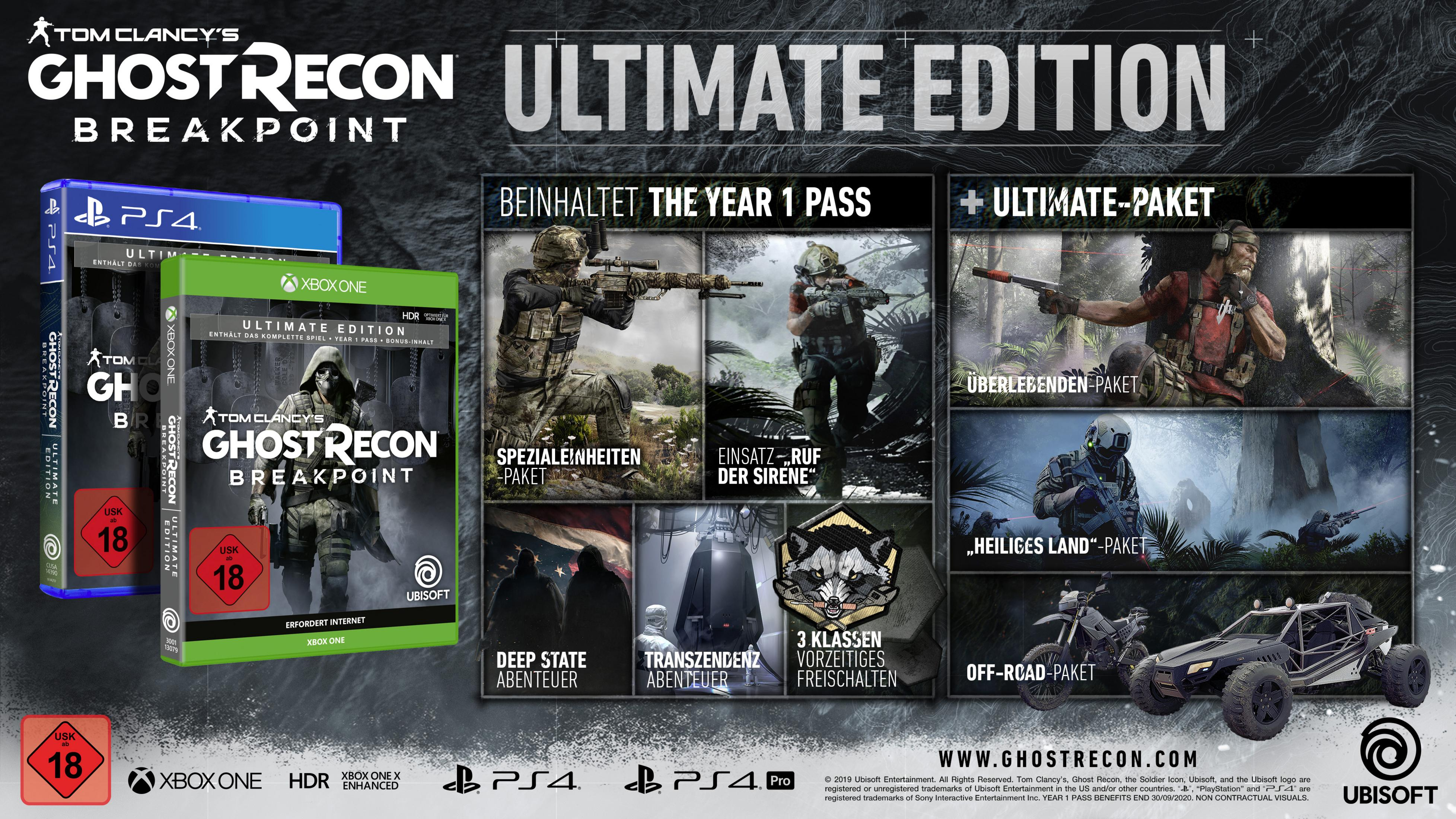 Pudełka z grą Tom Clancy's Ghost Recon Breakpoint Ultimate Edition. Wersje PS4 i Xbox One, ze szczegółami.