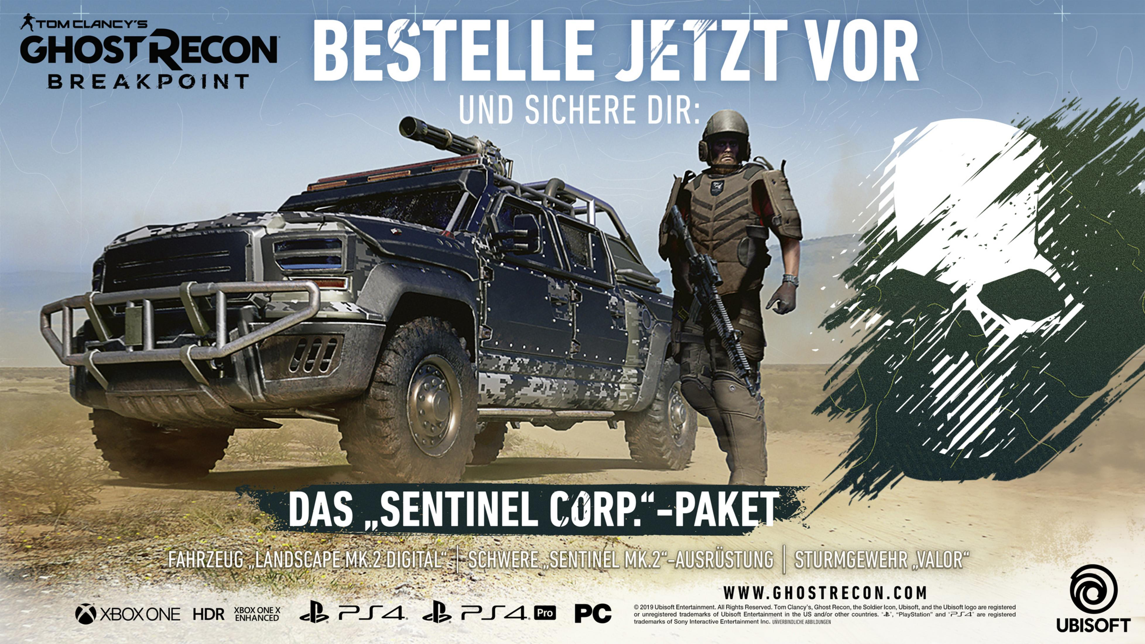 Reklama Ghost Recon Breakpoint z żołnierzem, samochodem i czaszką. Tekst mówi o pakiecie 'Sentinel Corp'.