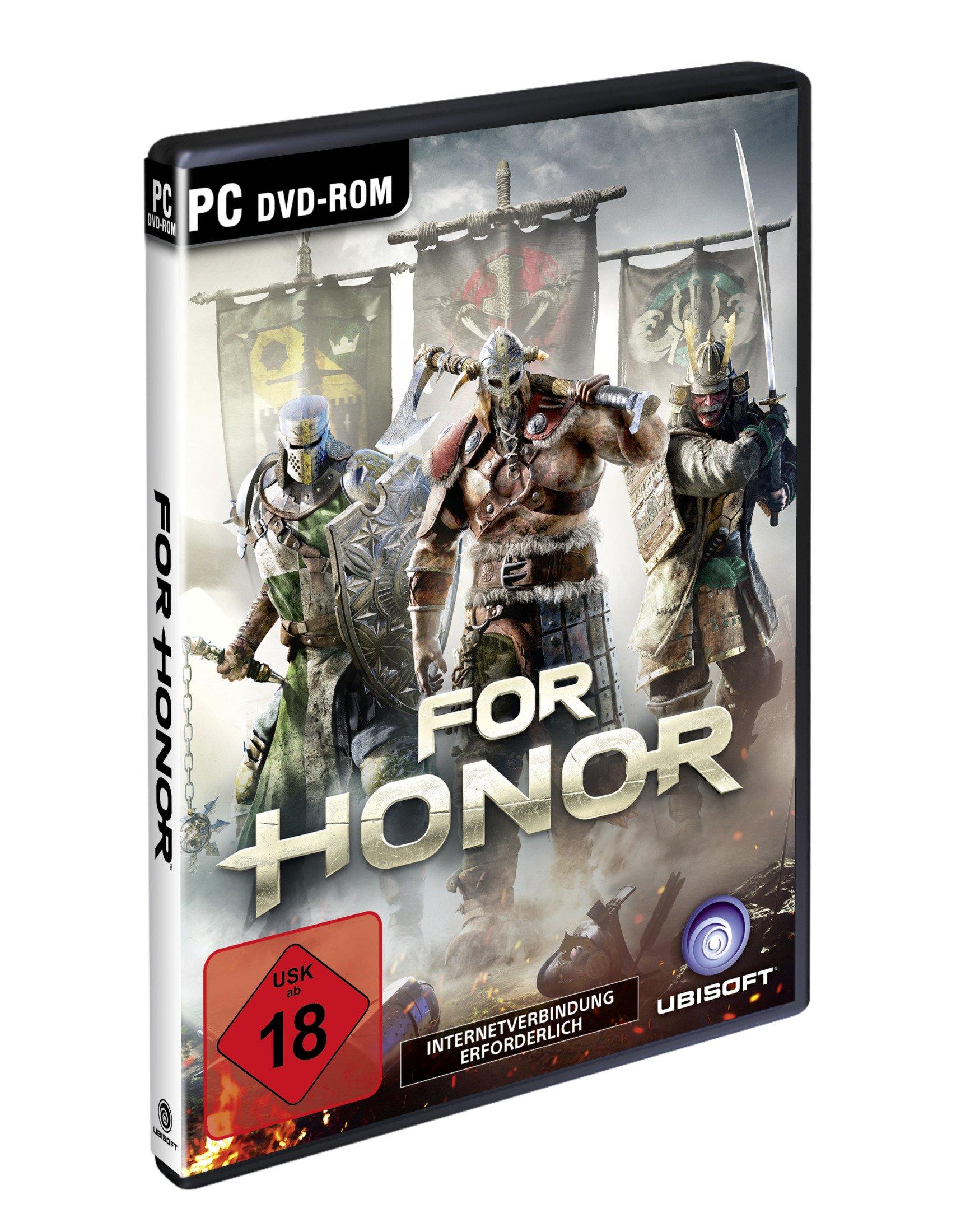 Okładka gry For Honor z trzema wojownikami: wikingiem, rycerzem i samurajem oraz płonącym tłem.