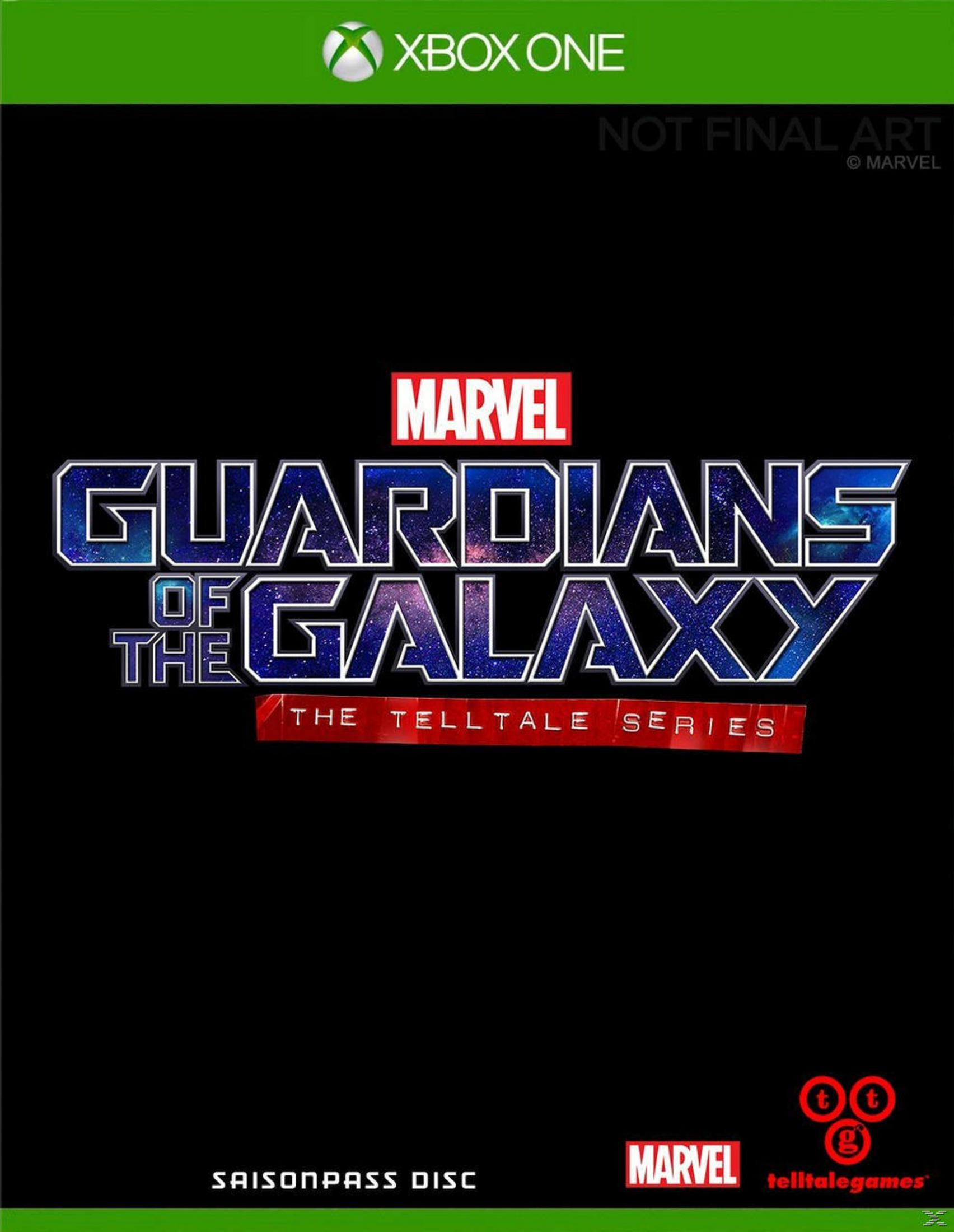 Xbox One Spielbox für Marvel's Guardians of the Galaxy: The Telltale Series, auf schwarzem Hintergrund.