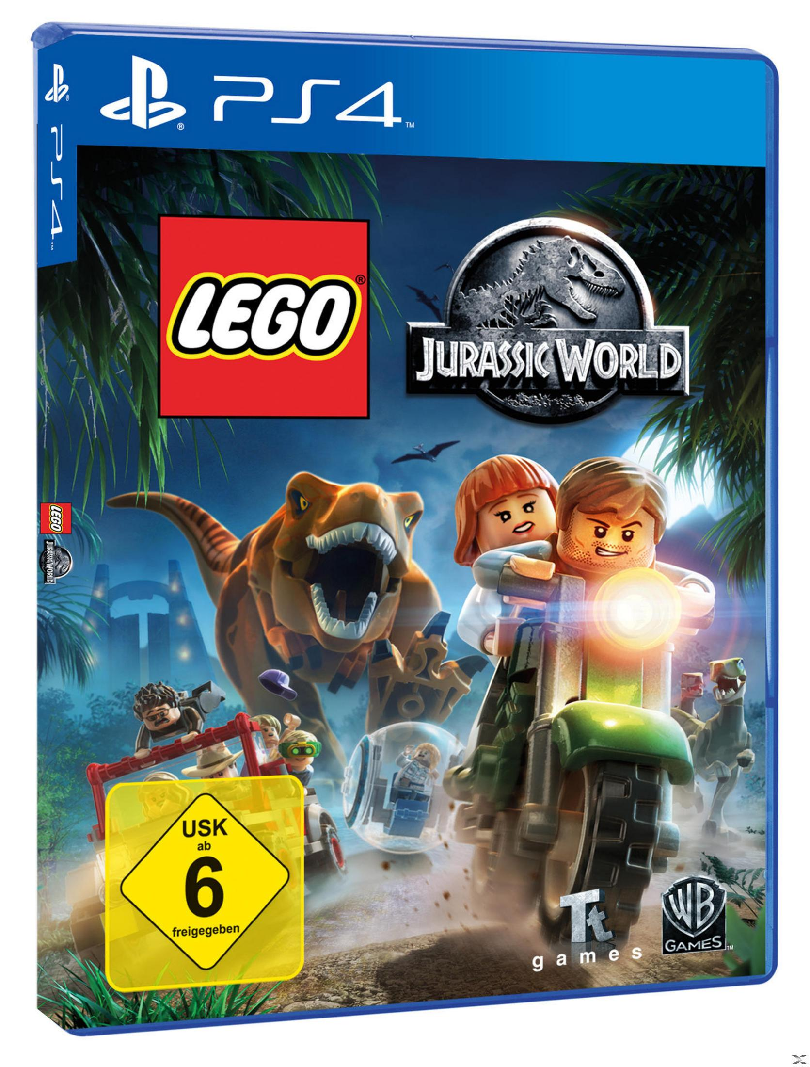 Lego Jurassic World Videospiel-Box mit einem Dinosaurier und Charakteren auf einem Motorrad.