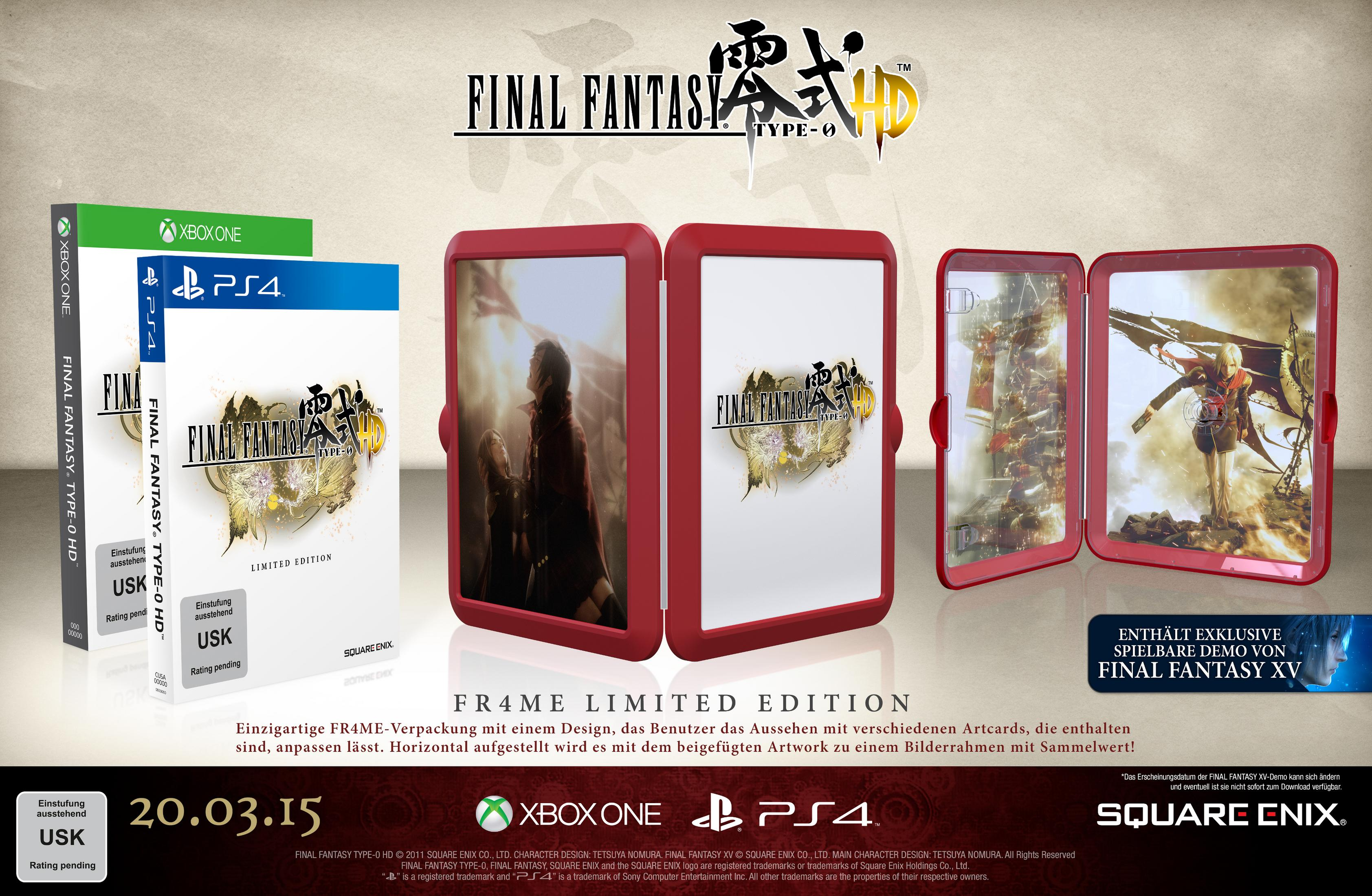 Spielbox-Artwork für 'Final Fantasy Type-0 HD' mit limitierter Edition und Art Cards.