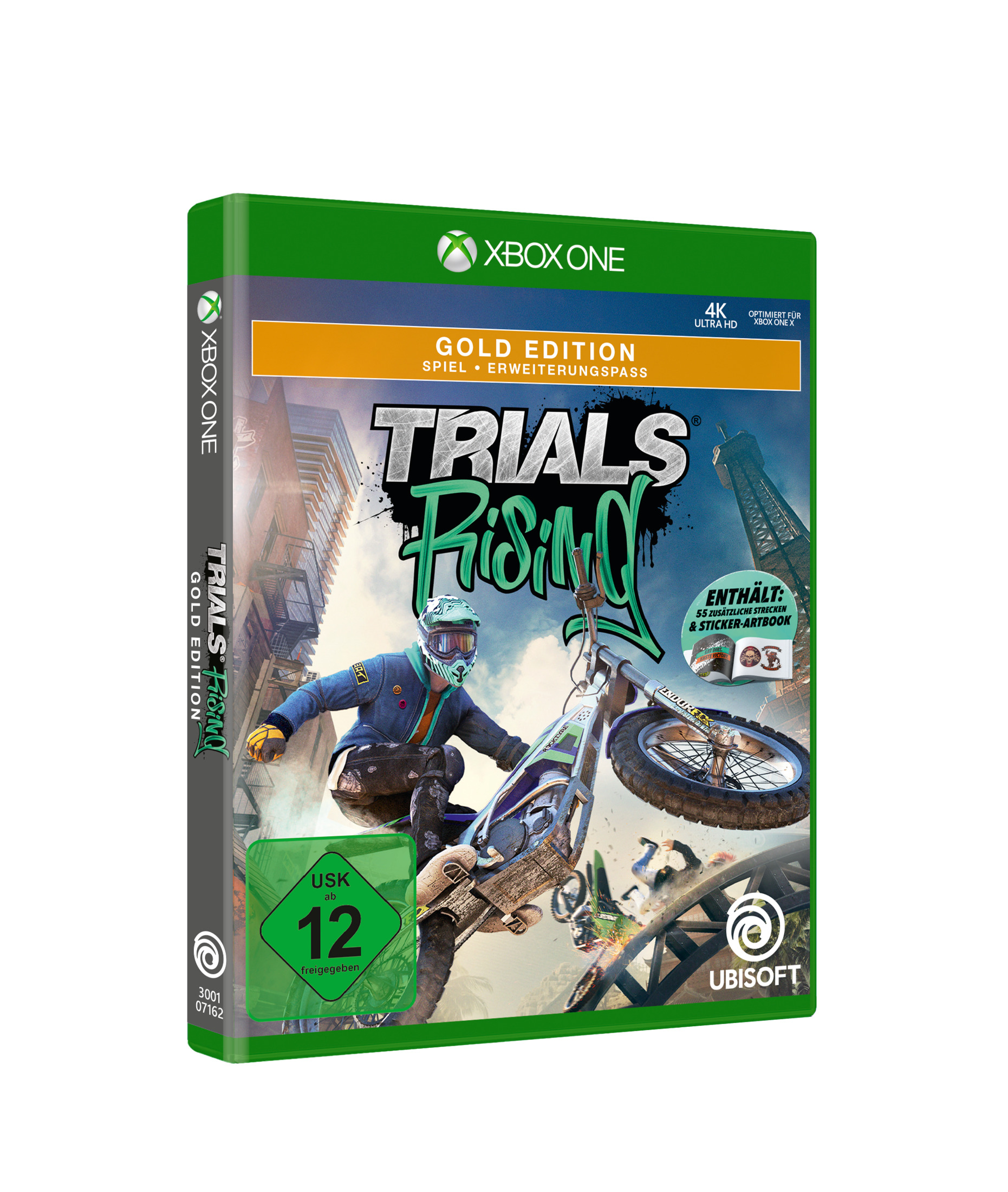 Xbox One Spielbox, Trials Rising, grün und gold, Fahrer auf dem Motorrad, weißer Hintergrund.