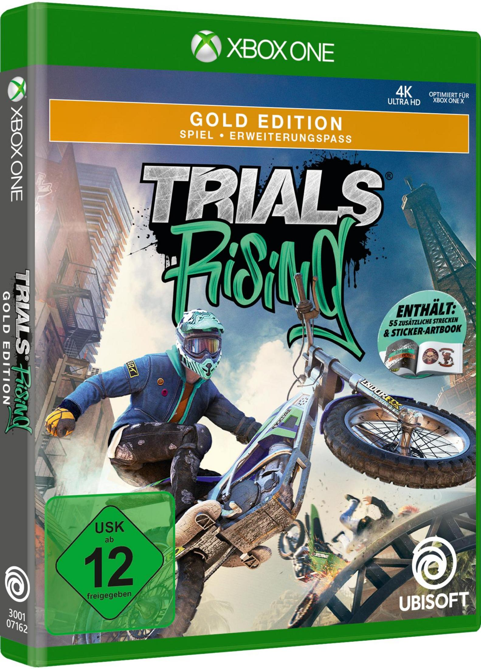 Die Hülle einer Spielbox für 'Trials Rising Gold Edition'. Ein Fahrer springt mit einem Motorrad.