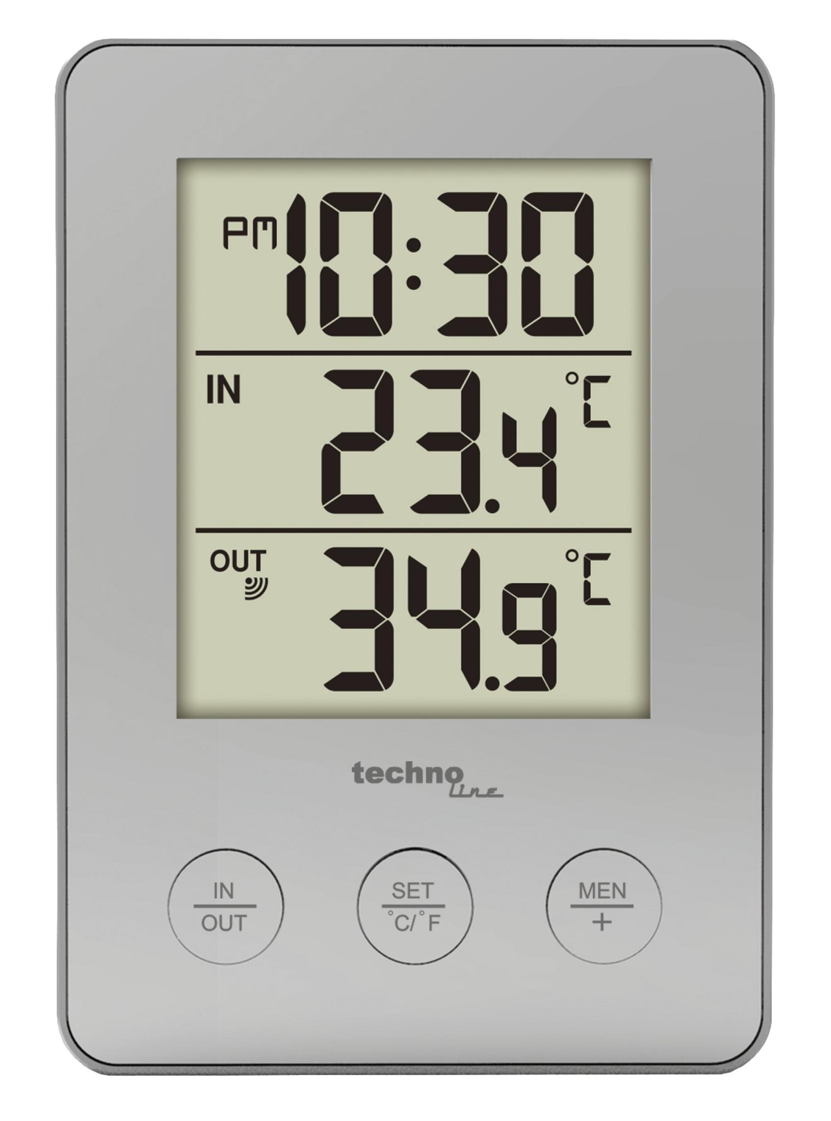 Termometr cyfrowy wyświetlający czas i temperatury, z przyciskami IN/OUT, SET i MEN.