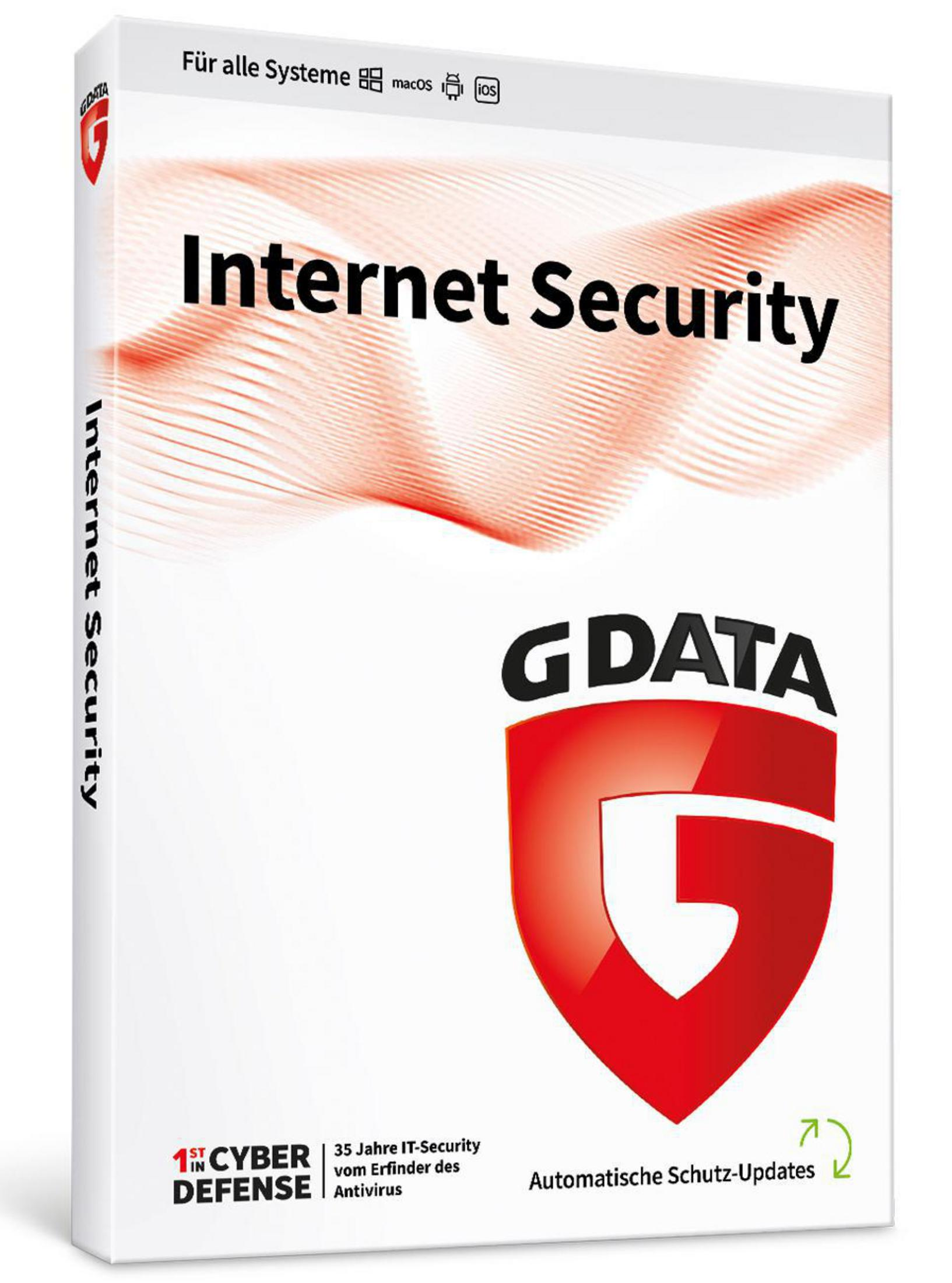 Pudełko G DATA Internet Security. Białe pudełko z czerwonym logo i tekstem G DATA.