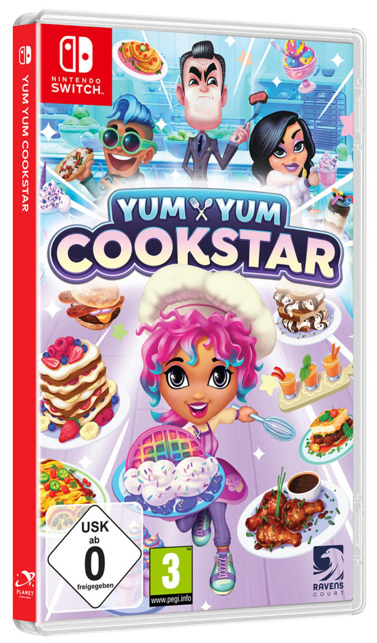 Yum Yum Cookstar Spielbox. Cartoon-Koch, verschiedene Lebensmittel. Für Nintendo Switch.
