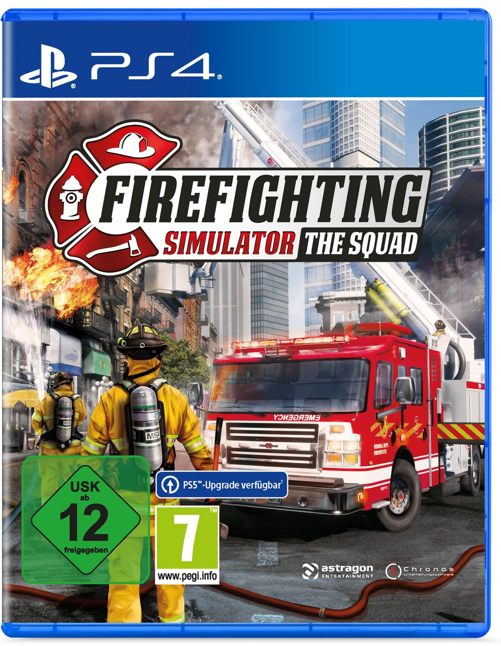 Okładka gry: Firefighting Simulator The Squad, ze wozem strażackim, strażakami i tłem miejskim.