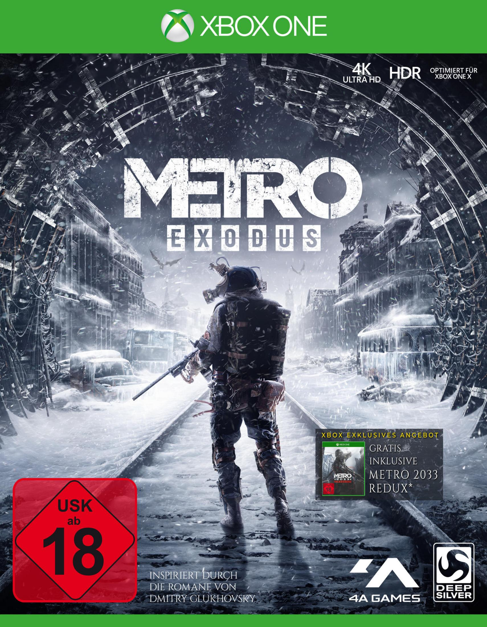 Grafika pudełka gry Metro Exodus przedstawia postać z maską gazową i karabinem w zaśnieżonym, postapokaliptycznym otoczeniu.