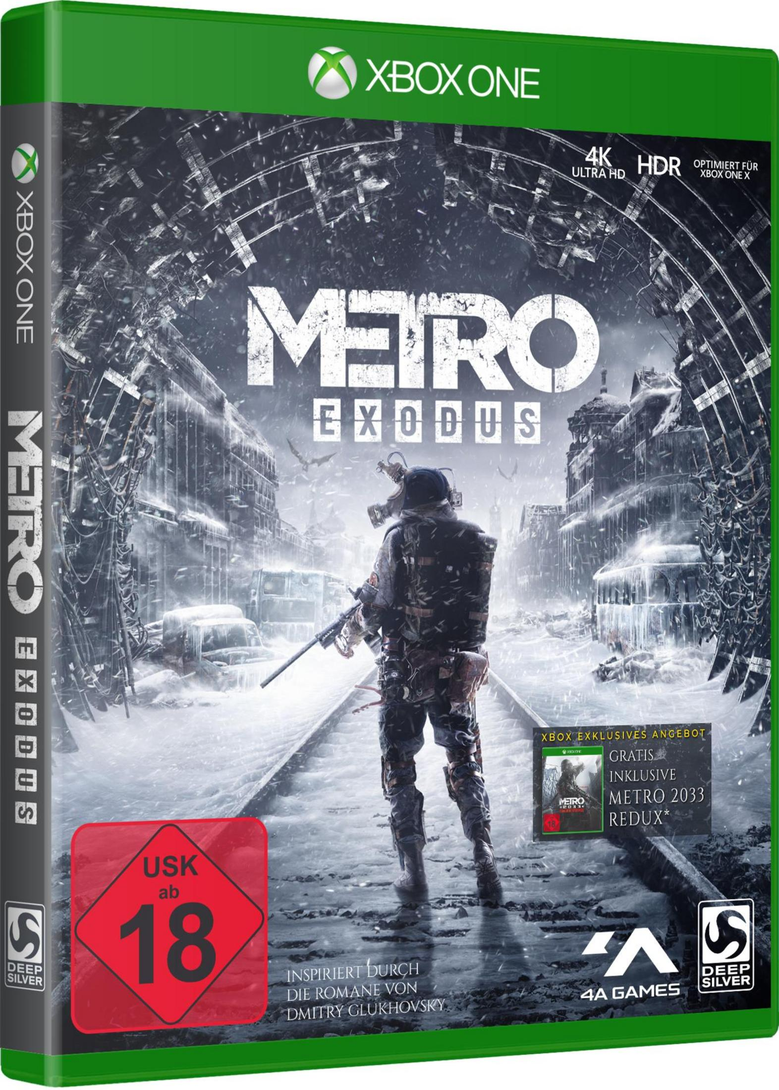 Grafika pudełka gry Metro Exodus przedstawia postać z maską gazową i karabinem w zaśnieżonym, postapokaliptycznym otoczeniu.