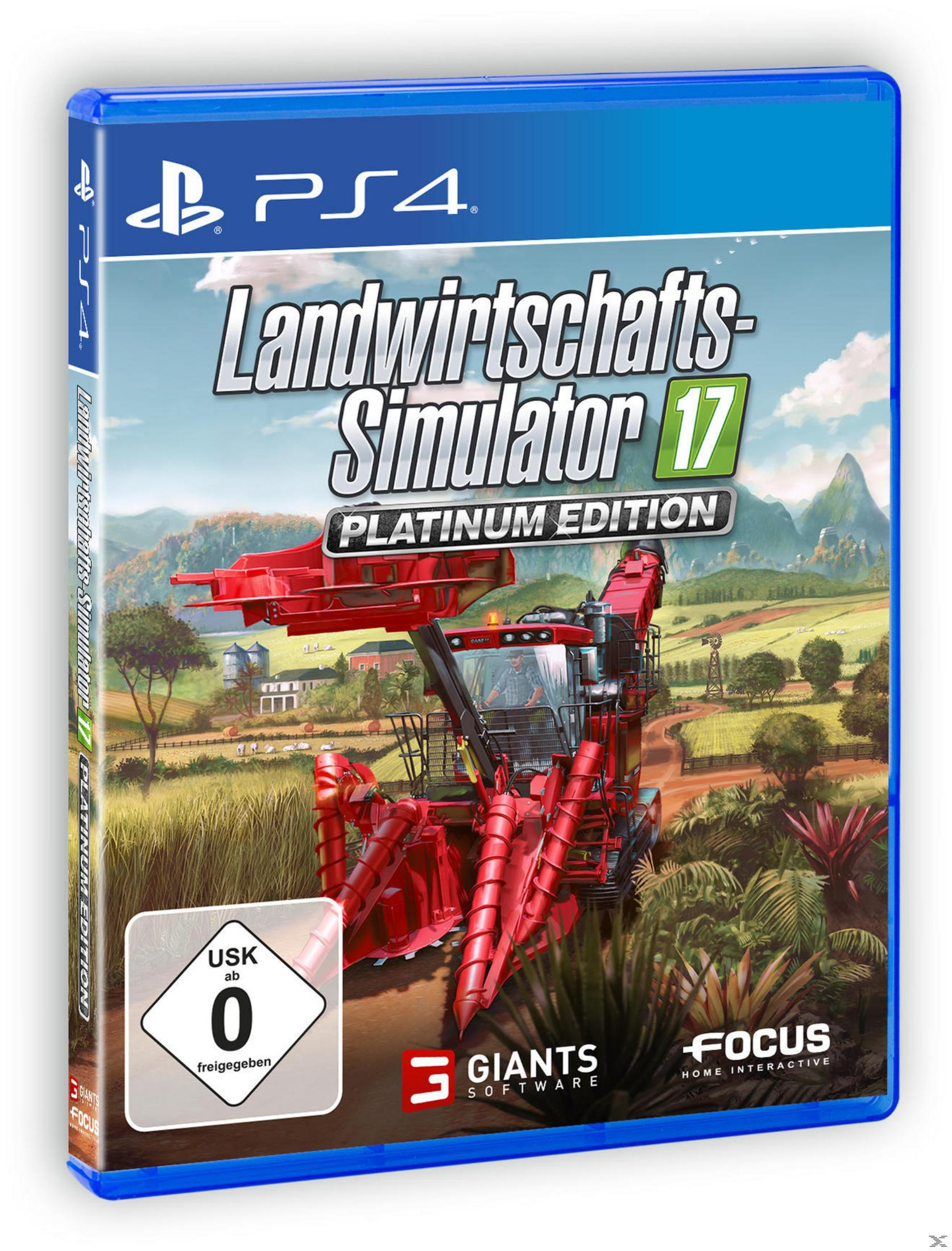 Das Spielcover eines PS4-Spiels. Das Cover zeigt einen Mähdrescher auf einem Feld. Weißer Hintergrund.