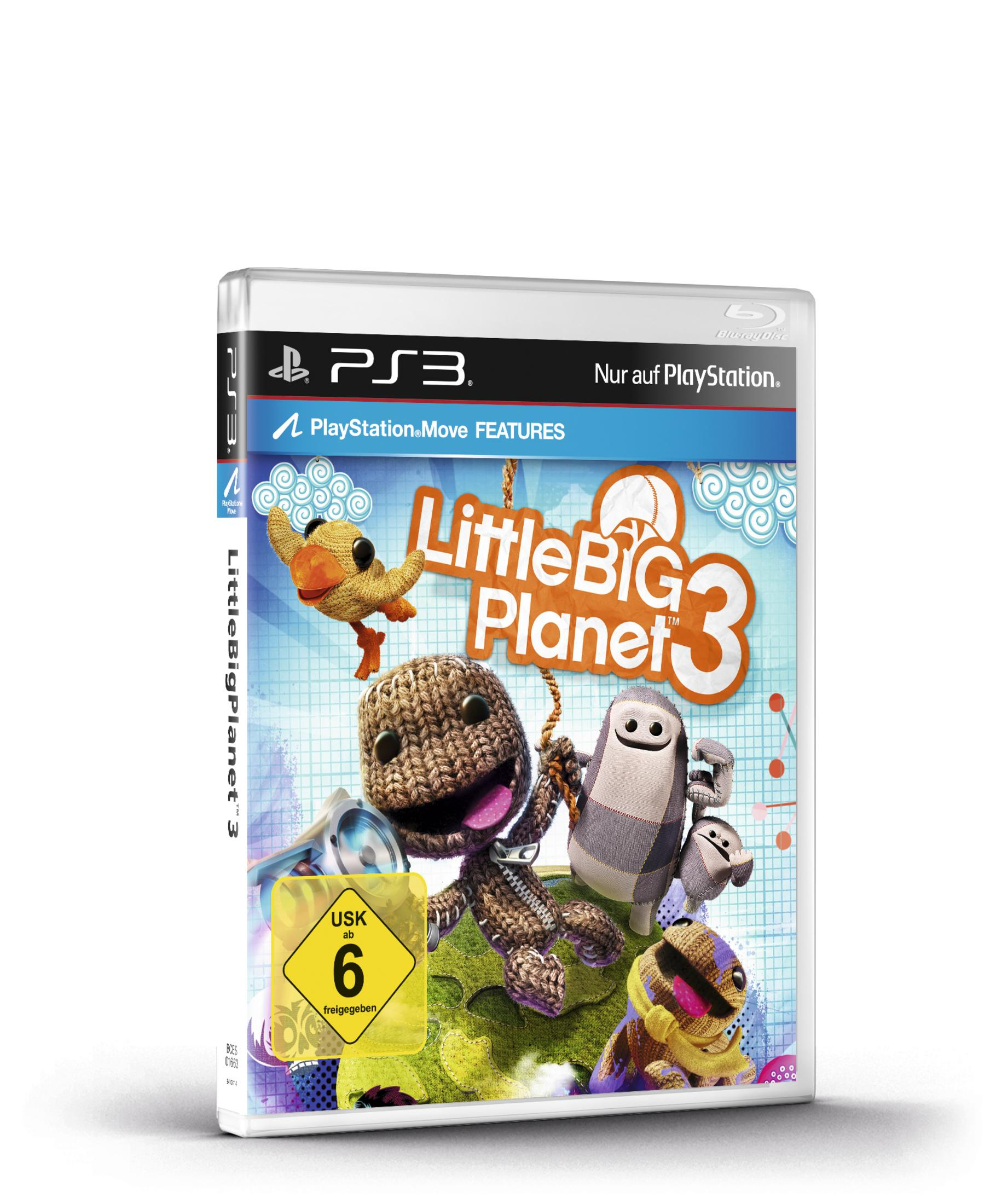 LittleBigPlanet 3 Spielbox. Verfügt über ein farbenfrohes Design mit Charakteren und dem Spieletitel, auf weißem Hintergrund.