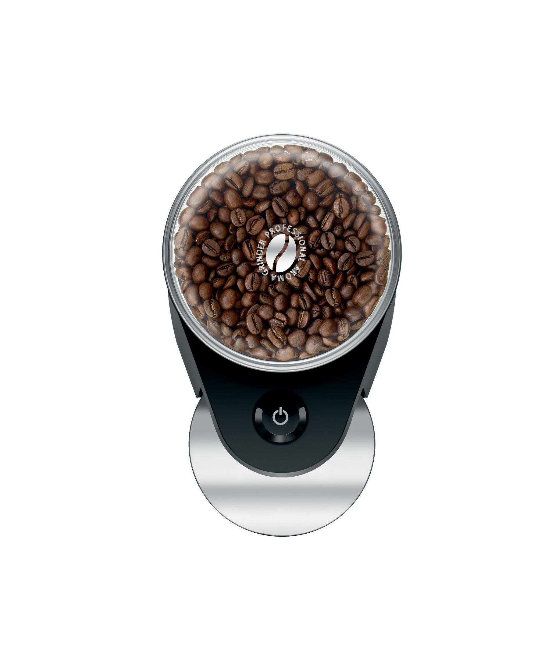 Kaffeemühle, Draufsicht. Enthält Kaffeebohnen und einen Knopf. Schwarz und Silber.