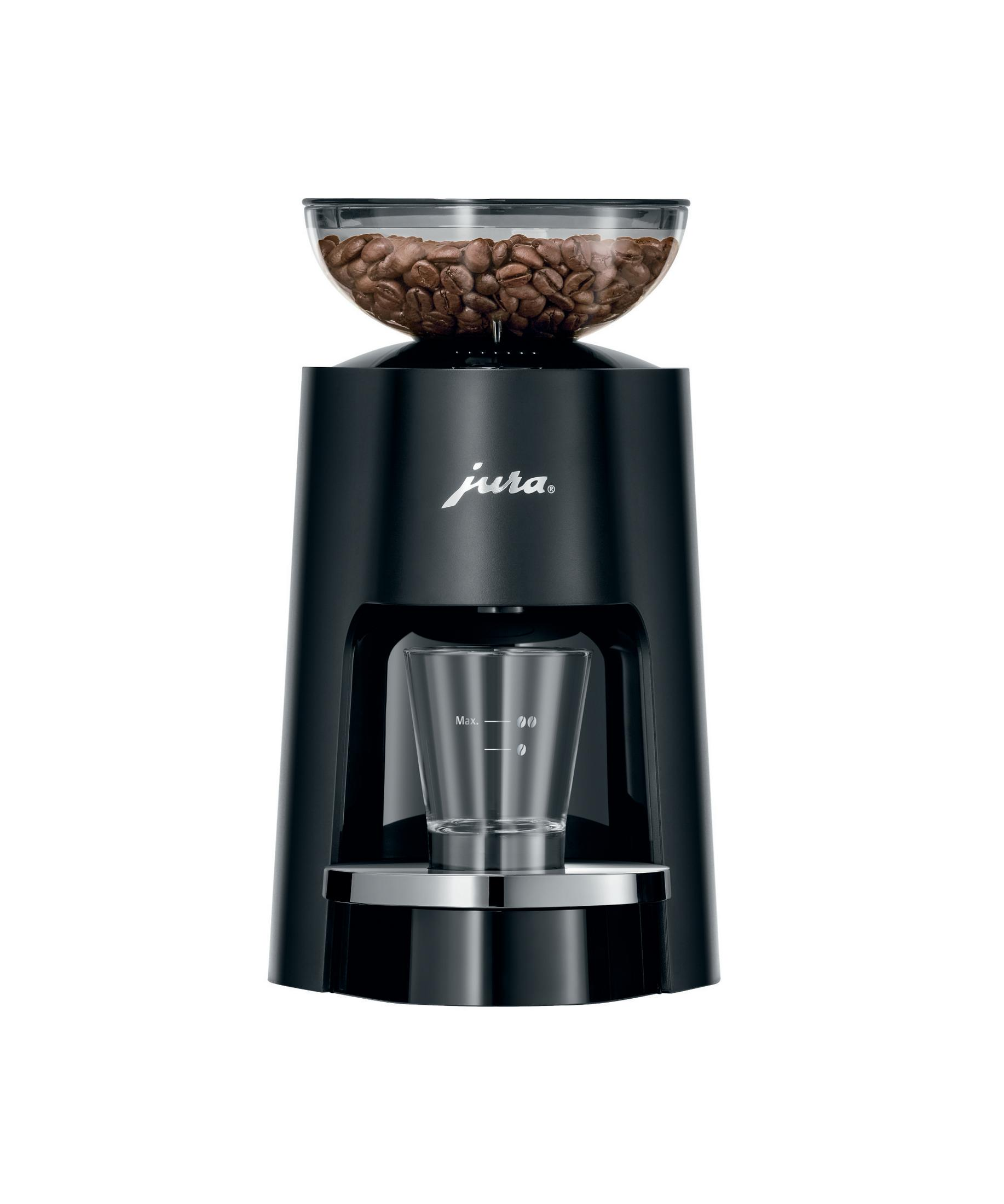 Schwarze Kaffeemühle mit durchsichtigem Bohnenbehälter, Glashalter und Markenname.